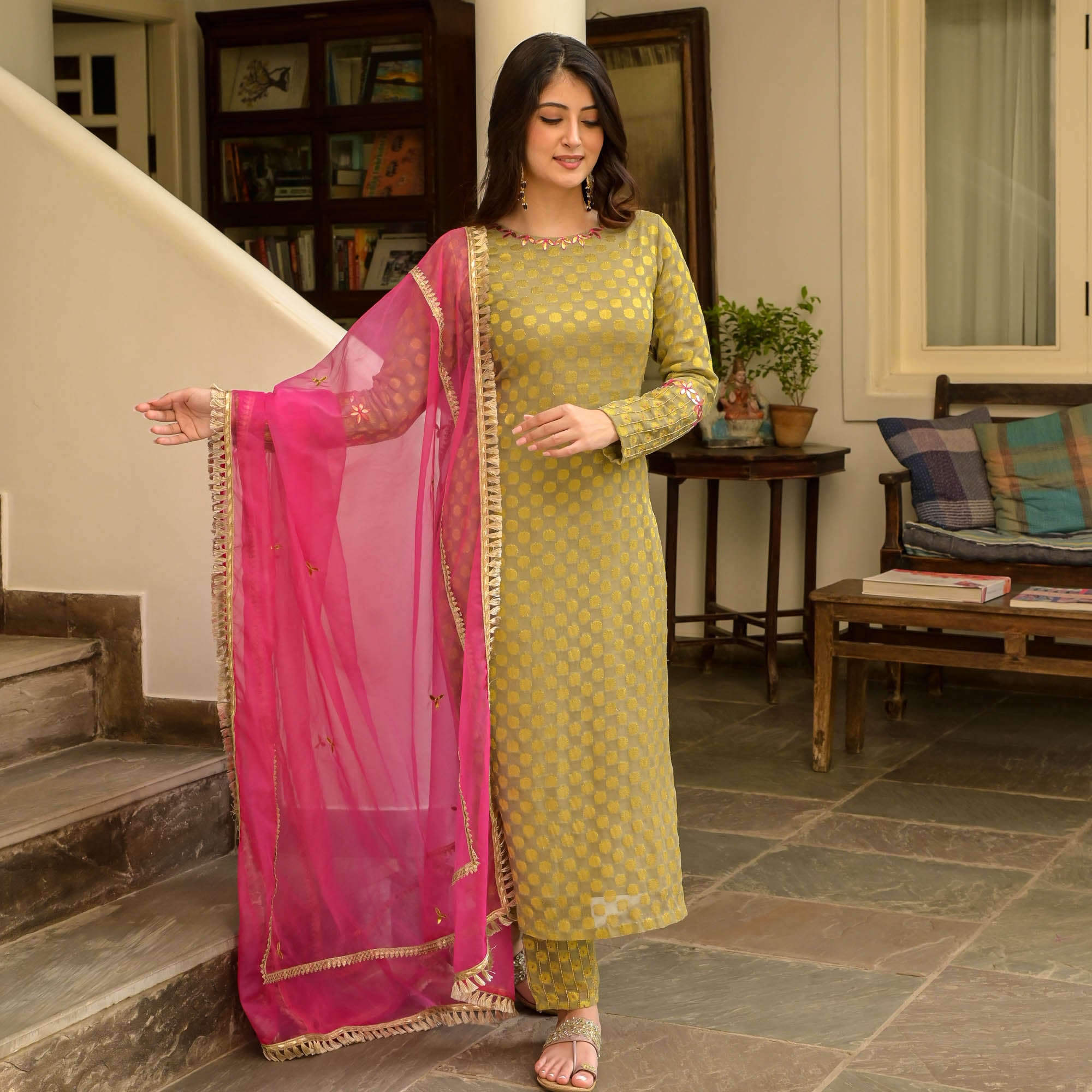 Anjana Olive Green Designer Straight Suit With Dupatta For Women Online