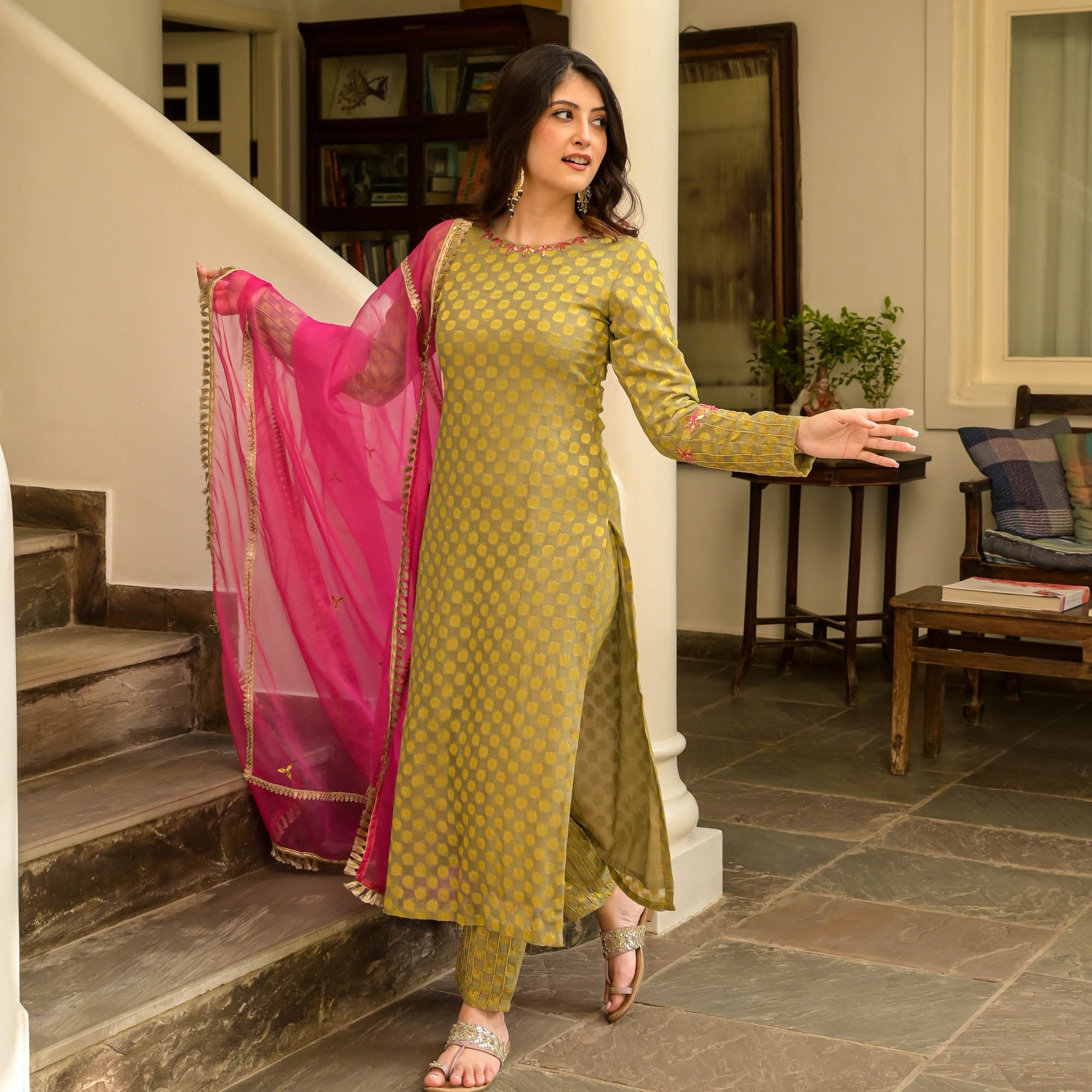 Olive Green Straight Suit with Pink Dupatta