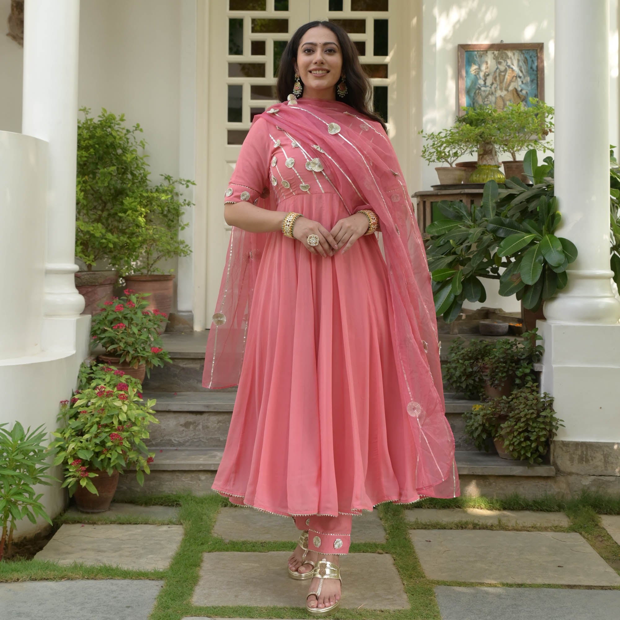 Pink Silver Gota Work Anarkali Suit for Women Online