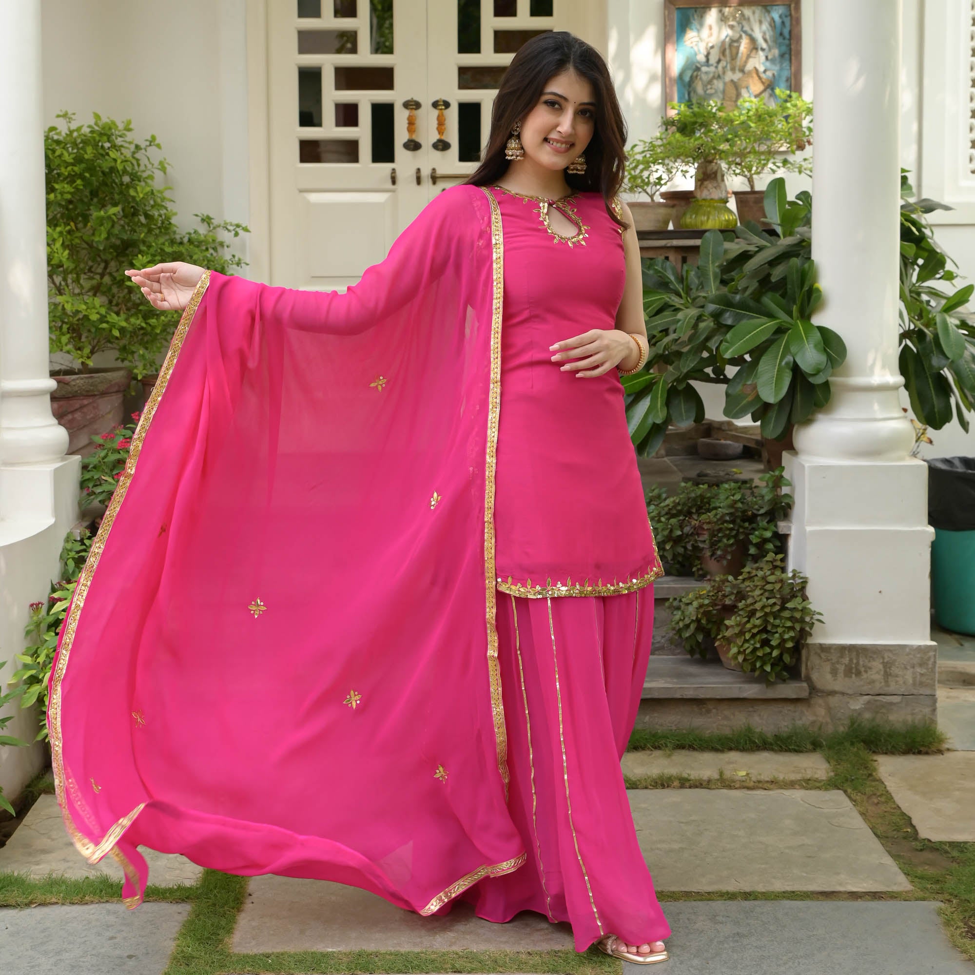 Jaanvi Pink Keyhole Neck Designer Sharara Suit Set for Women Online