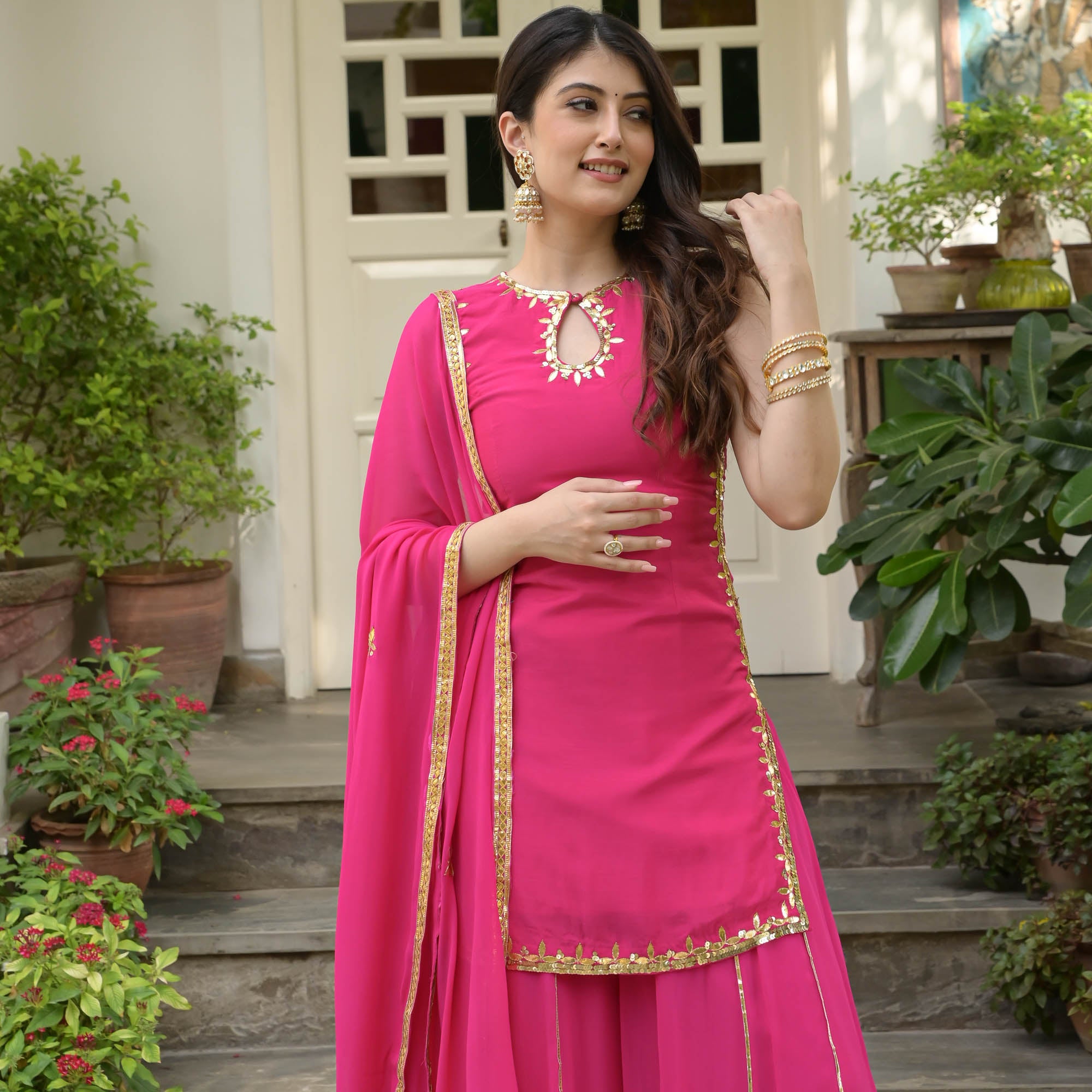 Pink Keyhole Neck Sharara Set for Women Online