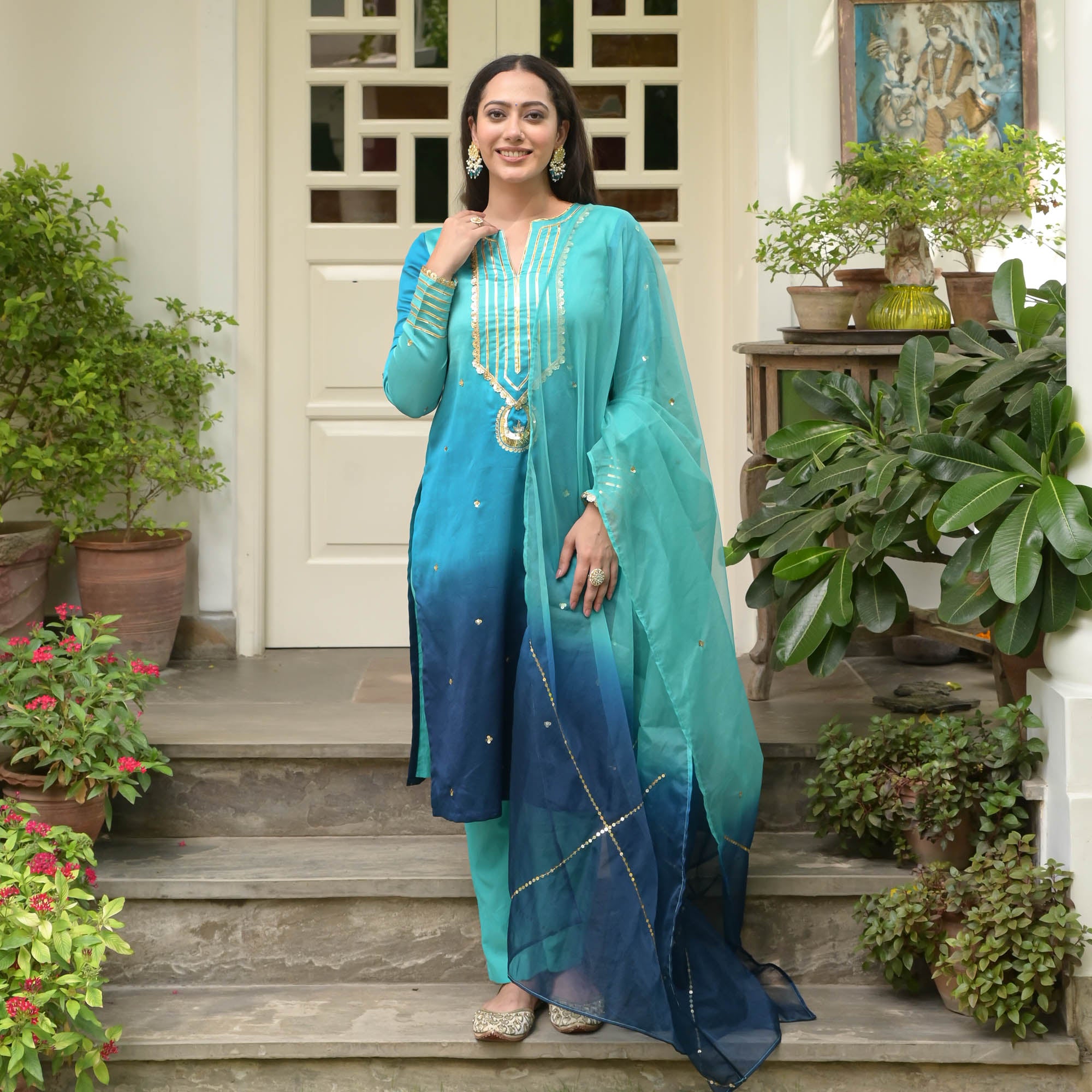 Ombre Blue Staright Designer Chanderi Suit Set for Women Online