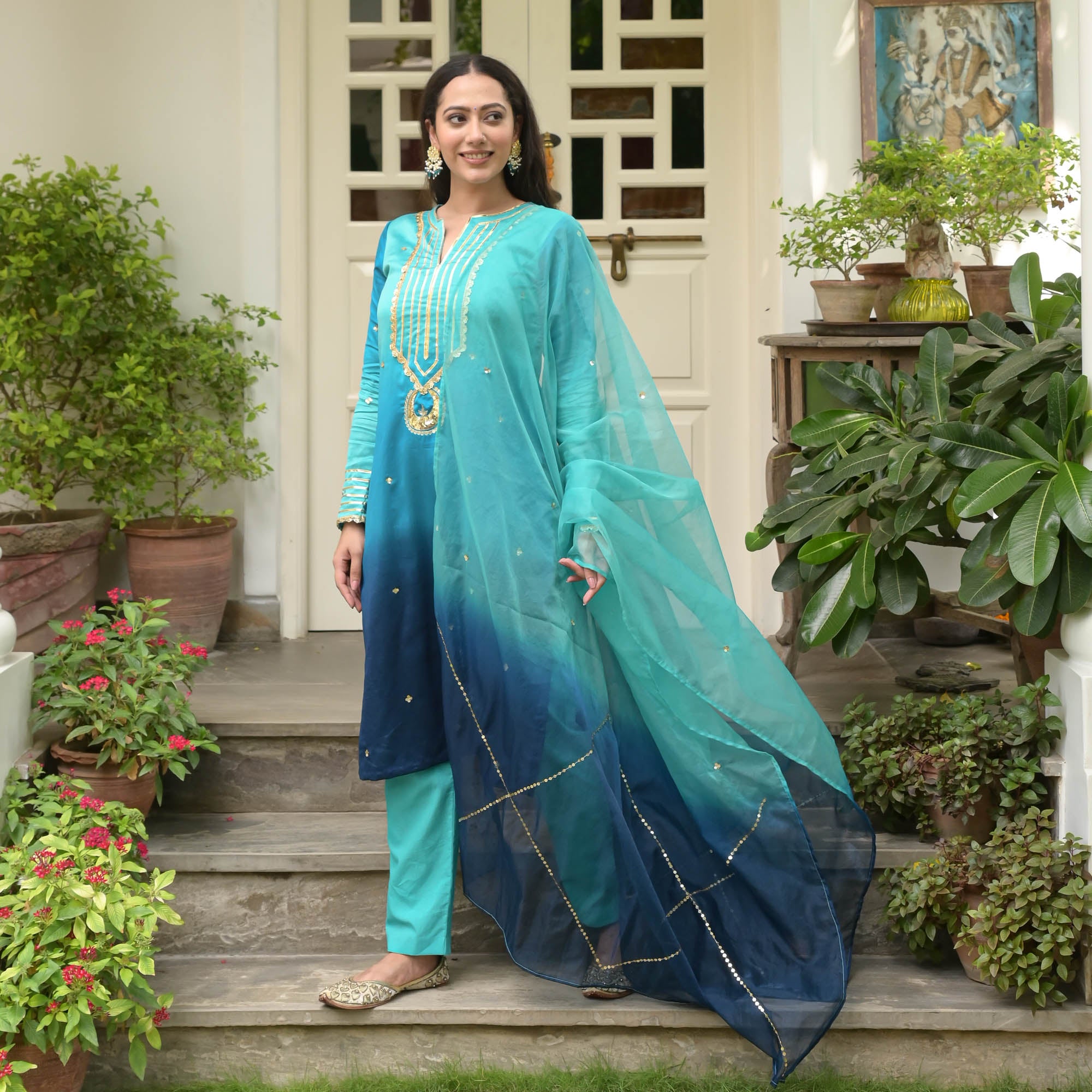 Ombre Blue Staright Designer Chanderi Suit Set for Women Online