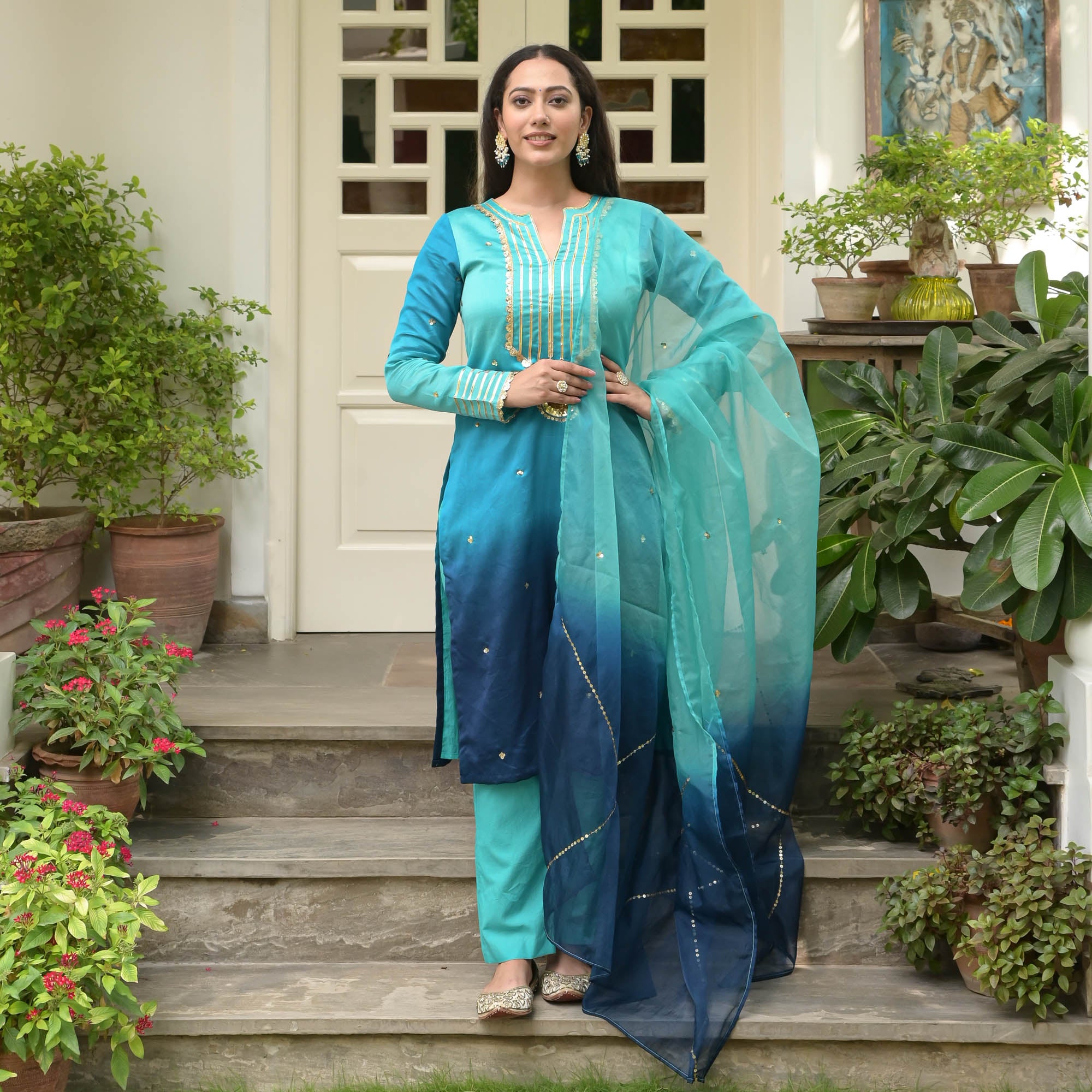 Blue Ombre Straight Suit for Women Online