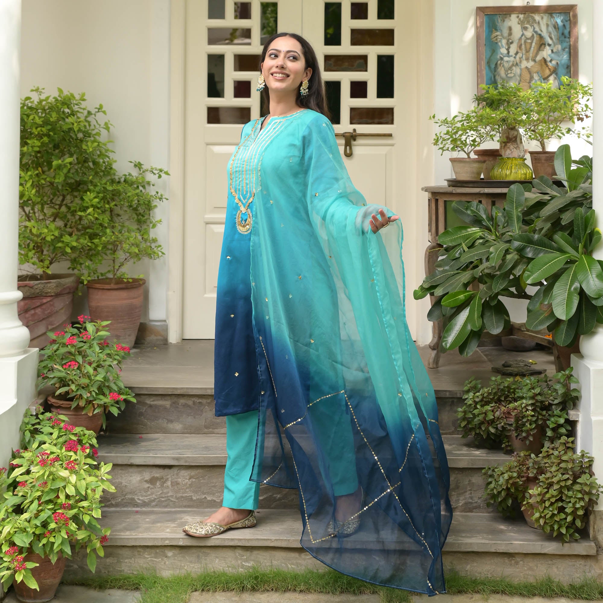 Blue Ombre Straight Suit for Women Online
