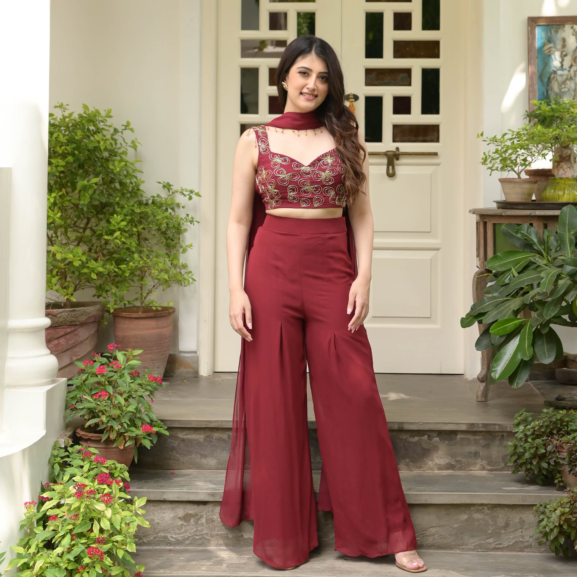 Berry Red Sweetheart Neck Sleeveless Designer Co-Ord Set Online