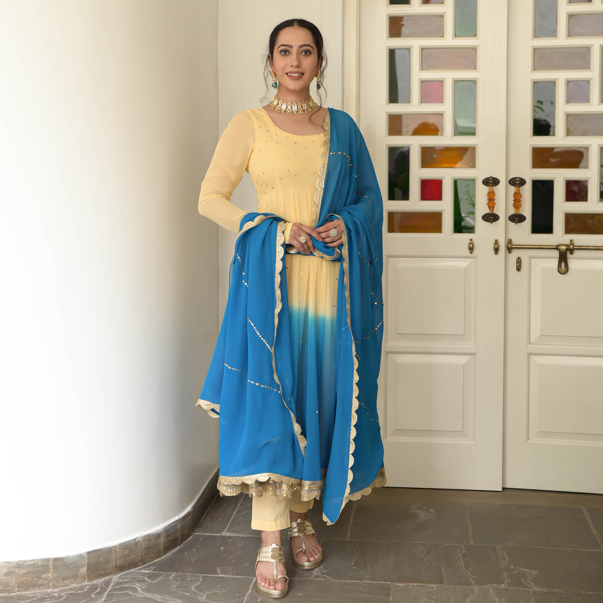 Rudra Beige Blue Designer Georgette Anarkali Suit Set for Women Online