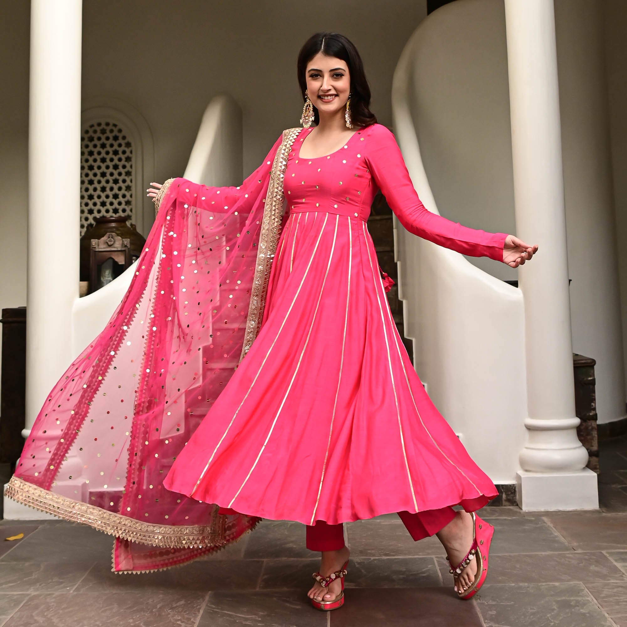 krishna Pink Cotton Silk Designer Anarkali Suit Set for Women Online