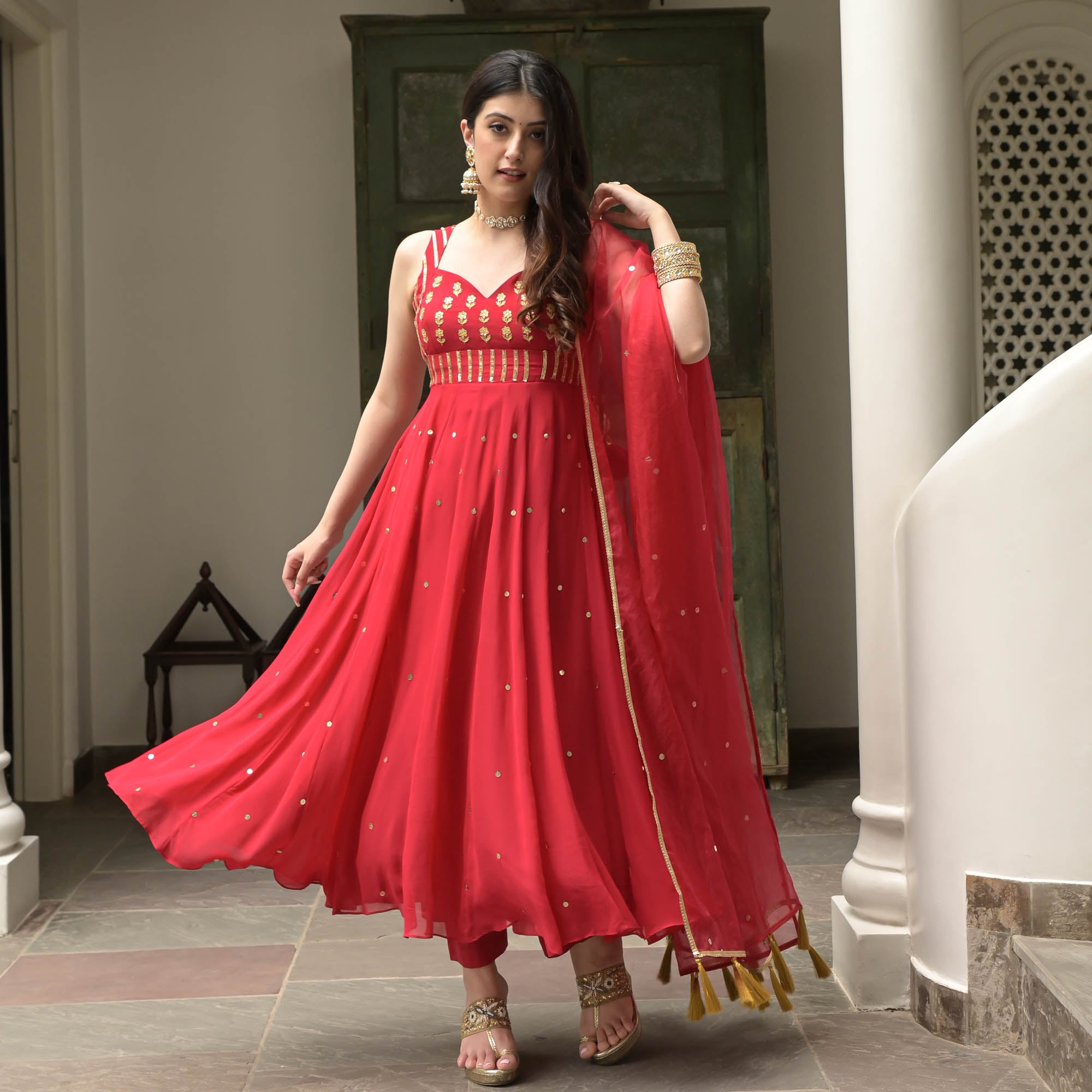 Shakti Red Designer Georgette Anarkali Suit Set for Women Online