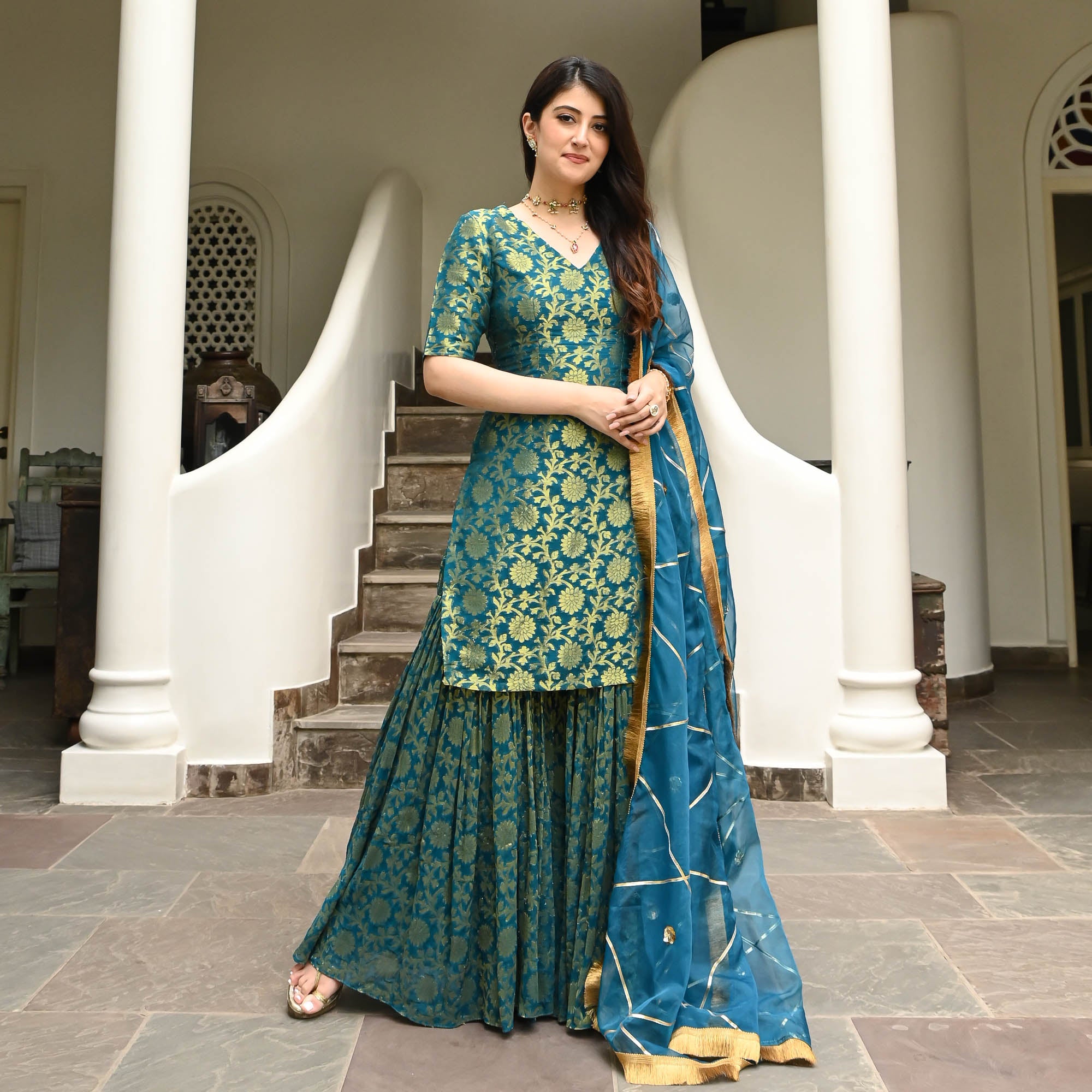Vaibhavi Blue Jacquard Designer Sharara Suit Set for Women Online