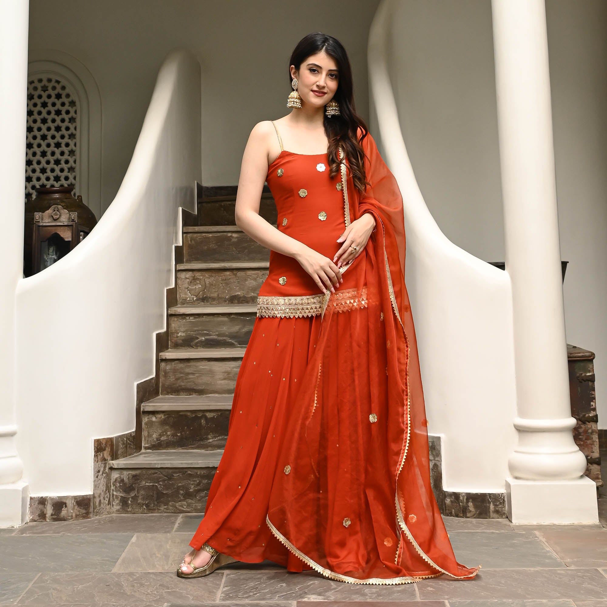 orange sharara dress Rust Orange Embroidered Organza Sharara Suit