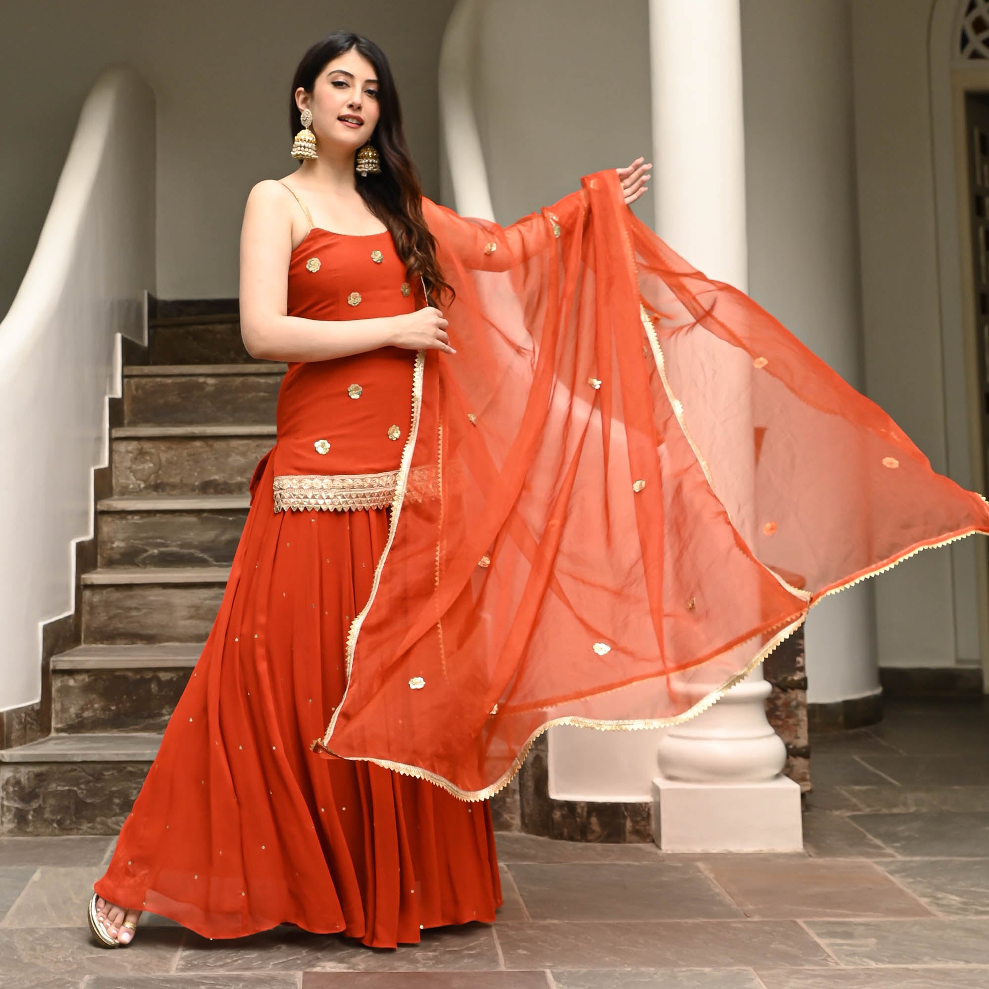 Roli Orange Georgette Designer Sharara Suit Set for Women Online