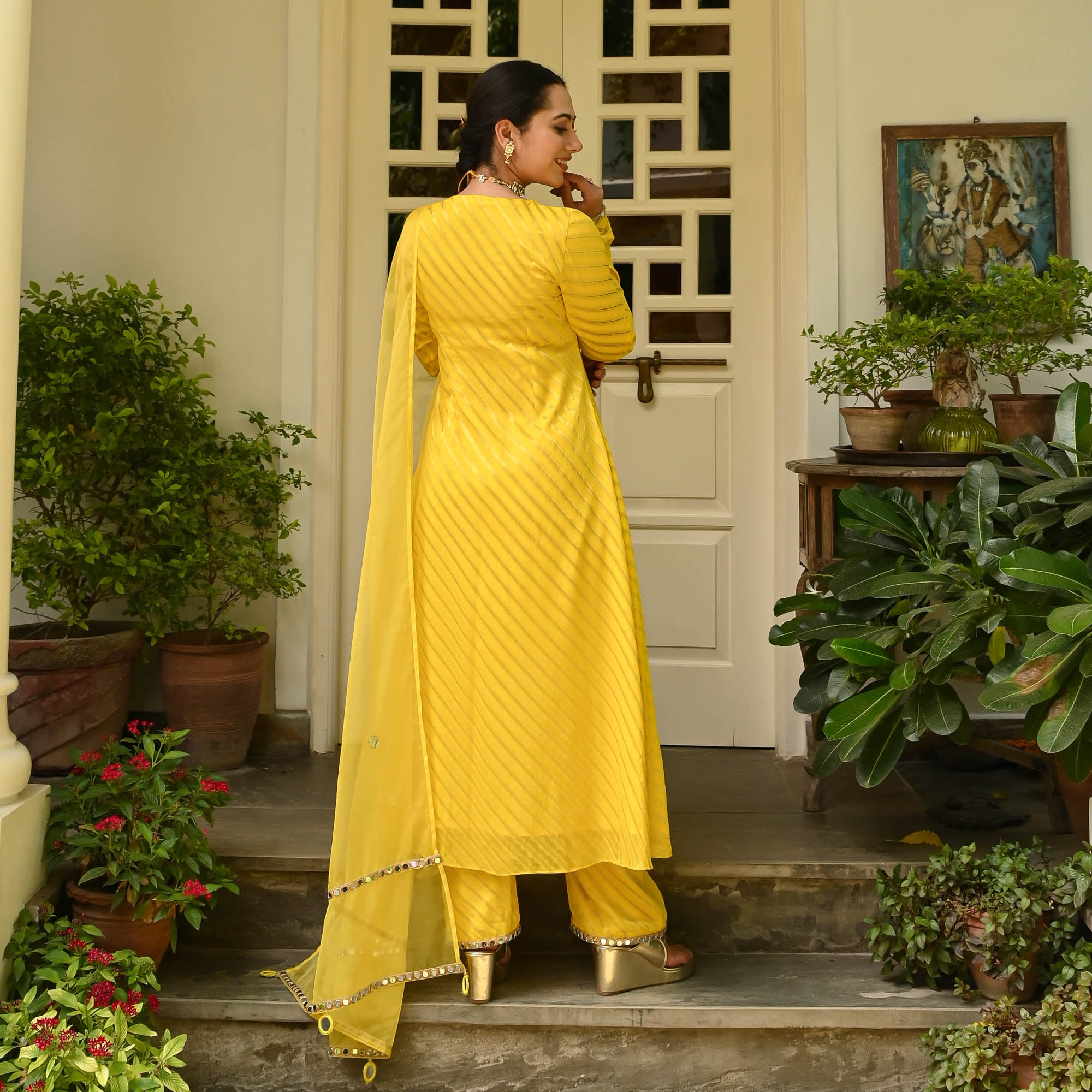 Yellow Jacquard Mirror Work Anarkali Suit for Women Online