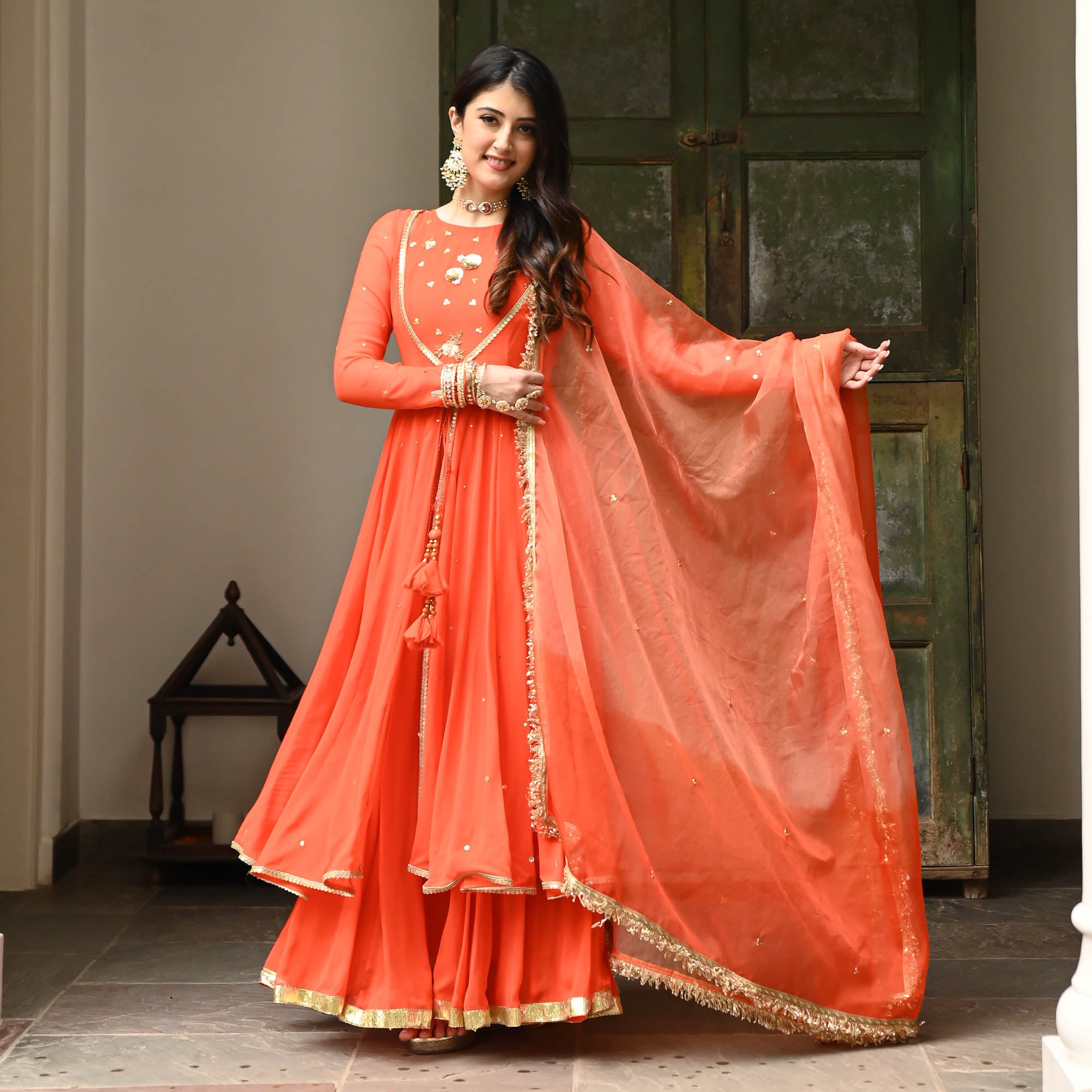 Kesari Orange Georgette Designer Anarkali Suit Set for Women Online