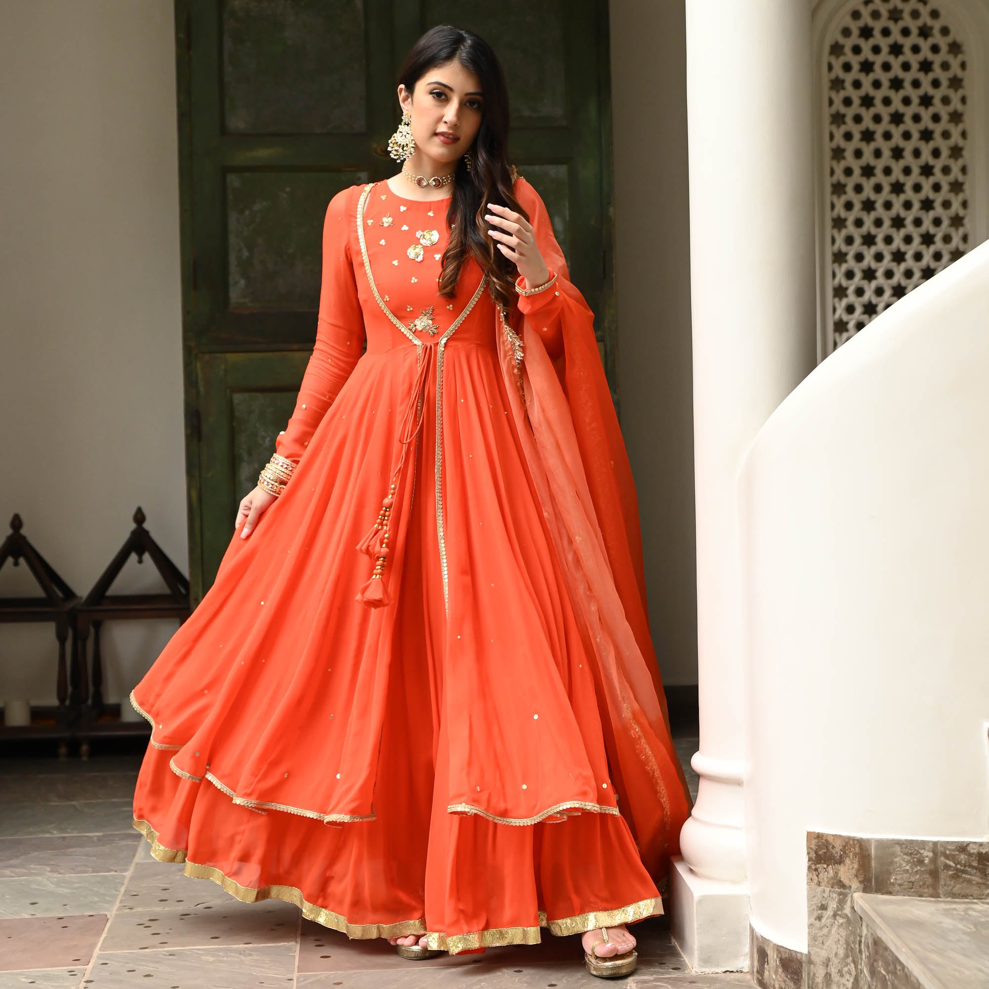 Orange Halter Neck Anarkali Suit for Women Online