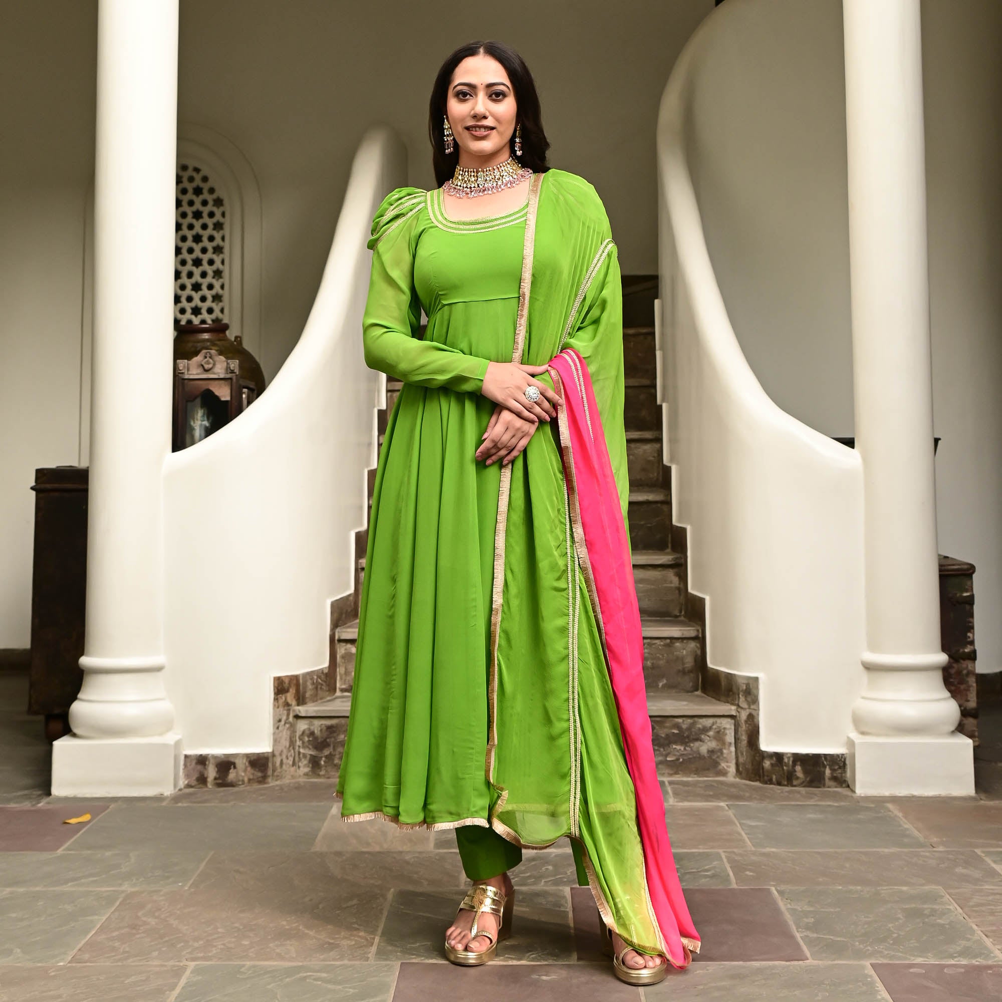 Kirti Green Designer Georgette Anarkali Suit Set for Women Online