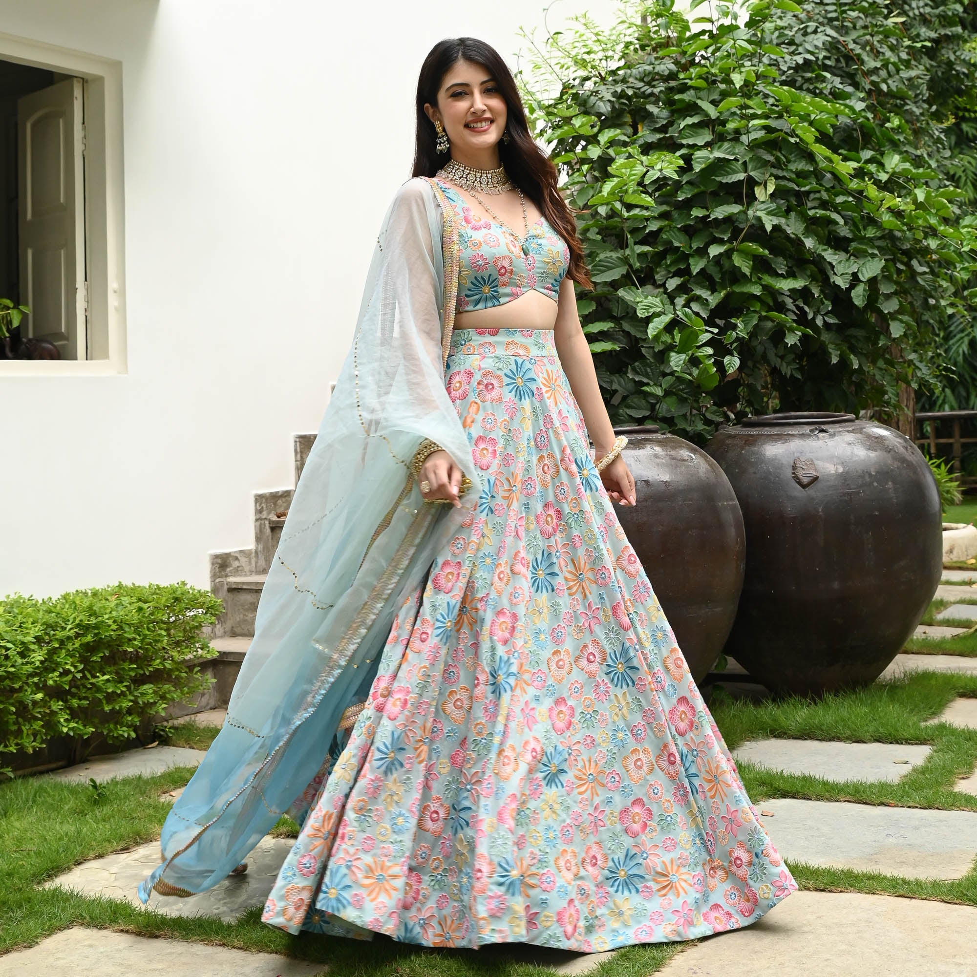 Pastel Blue Embroidered Designer Lehenga Set for Women Online