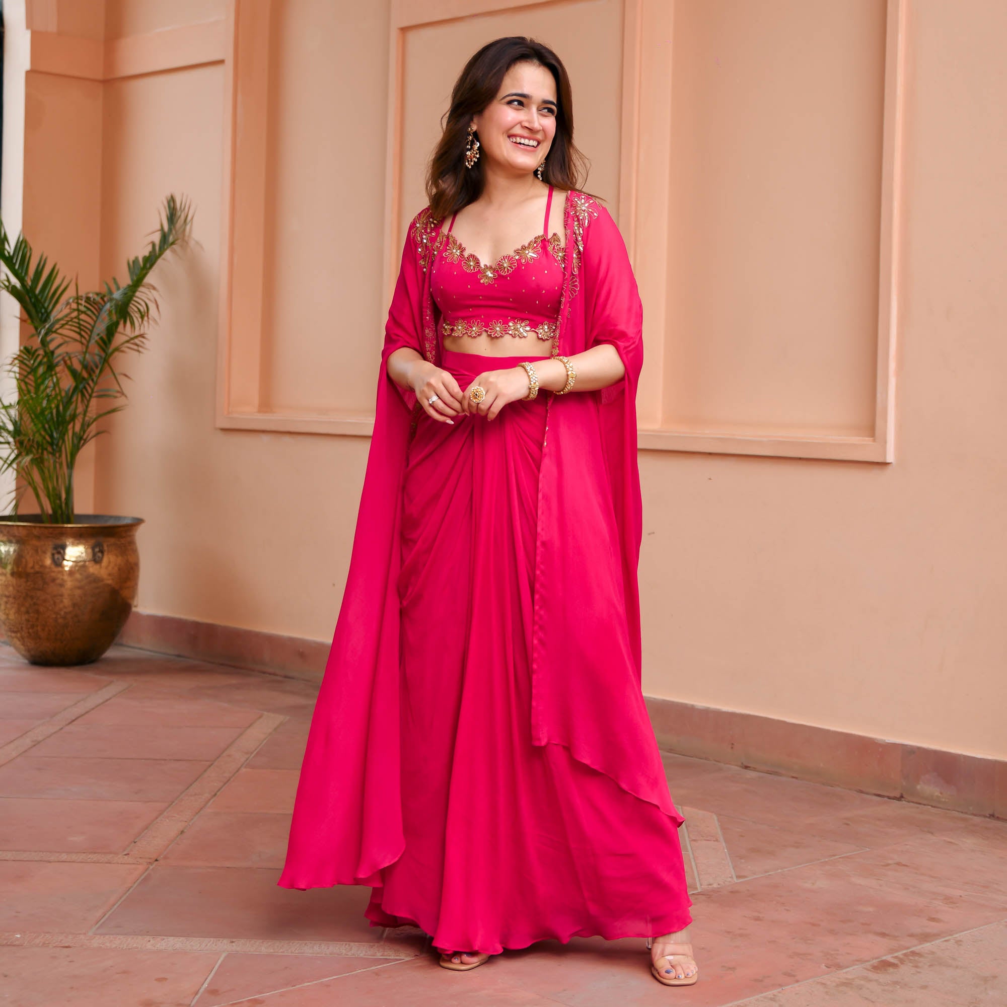 Mohini Pink Dhoti Sleeveless Shrug Set Online