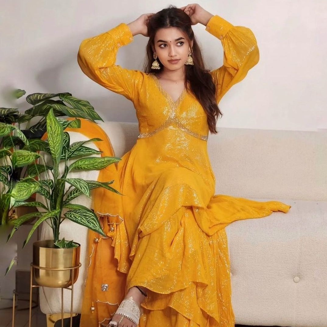 Buy UrbanStree Genda Yellow Designer Traditional Lurex Suit Set