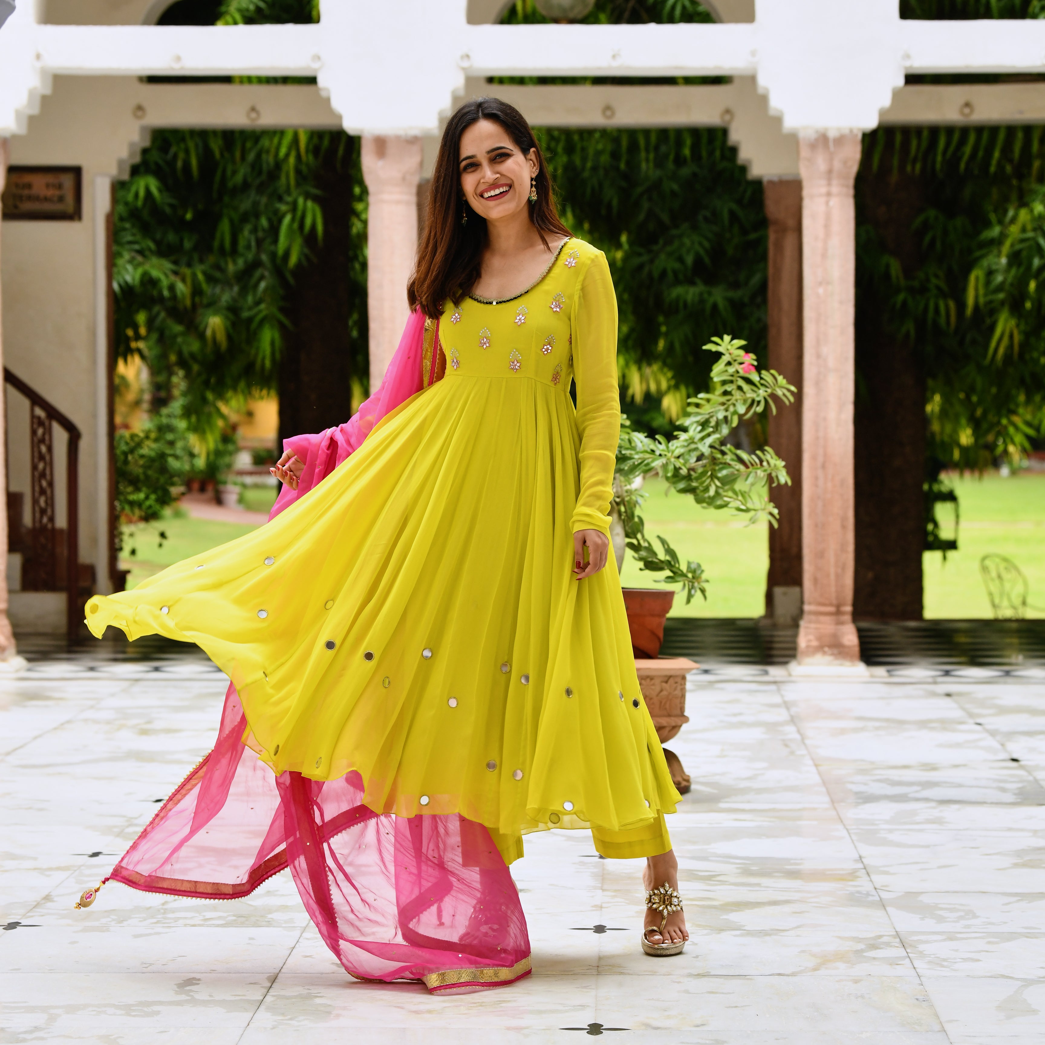 Yellow and pink Anarkali suit set