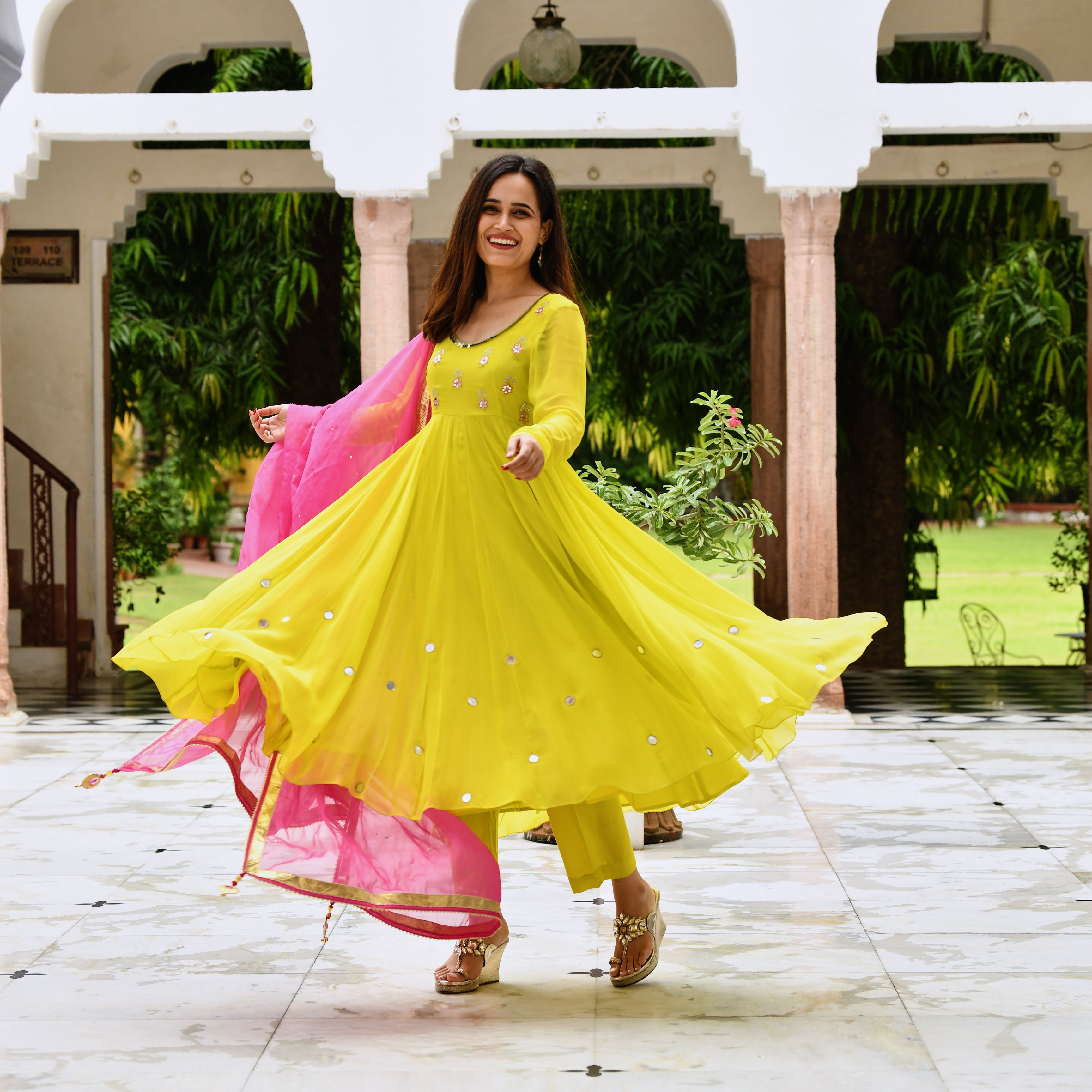 Yashi Round Neck Full Sleeves Yellow Anarkali Suit Set for Women Online