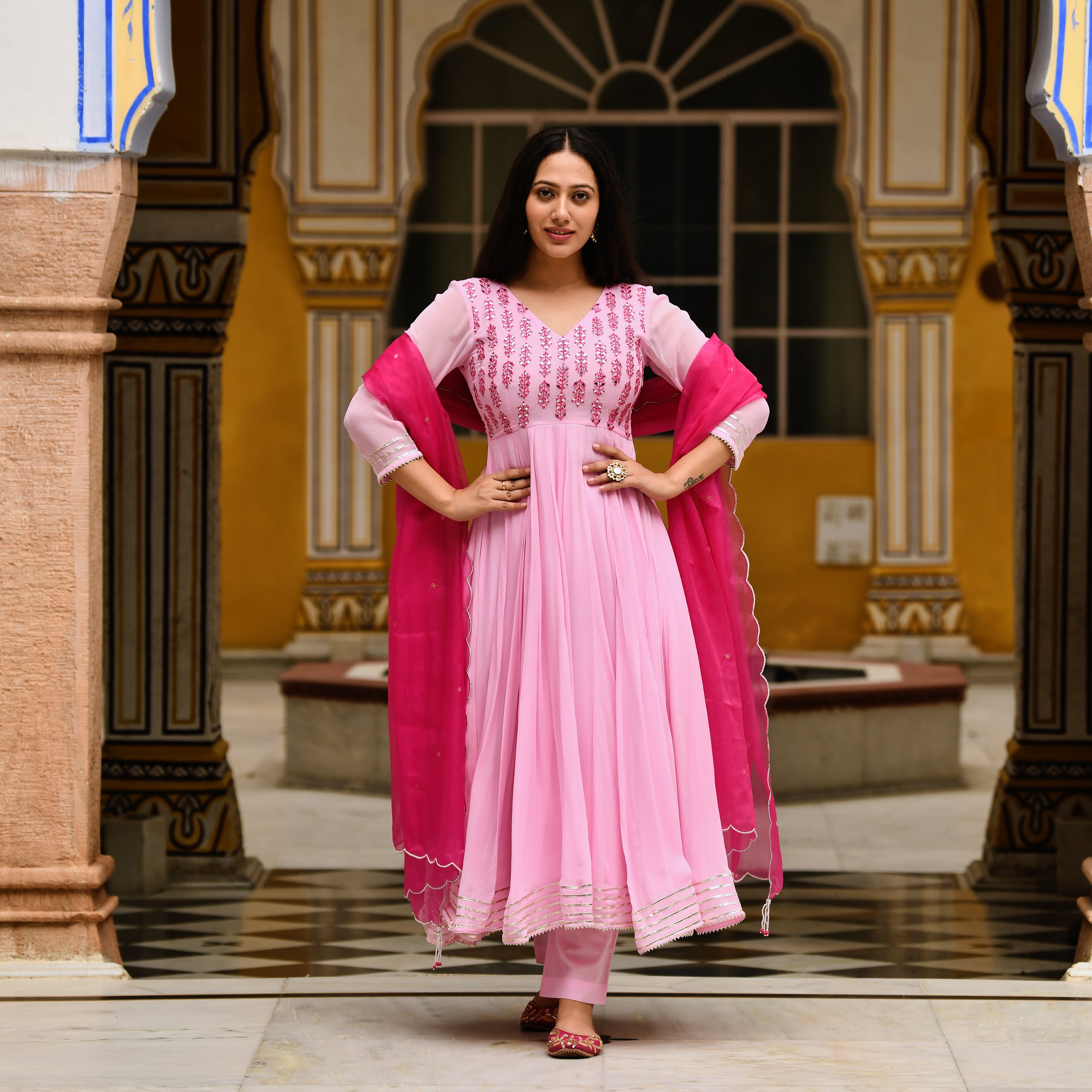 Indian Clothing - Dusky Pink Lucknowi Embroidered Anarkali Suit