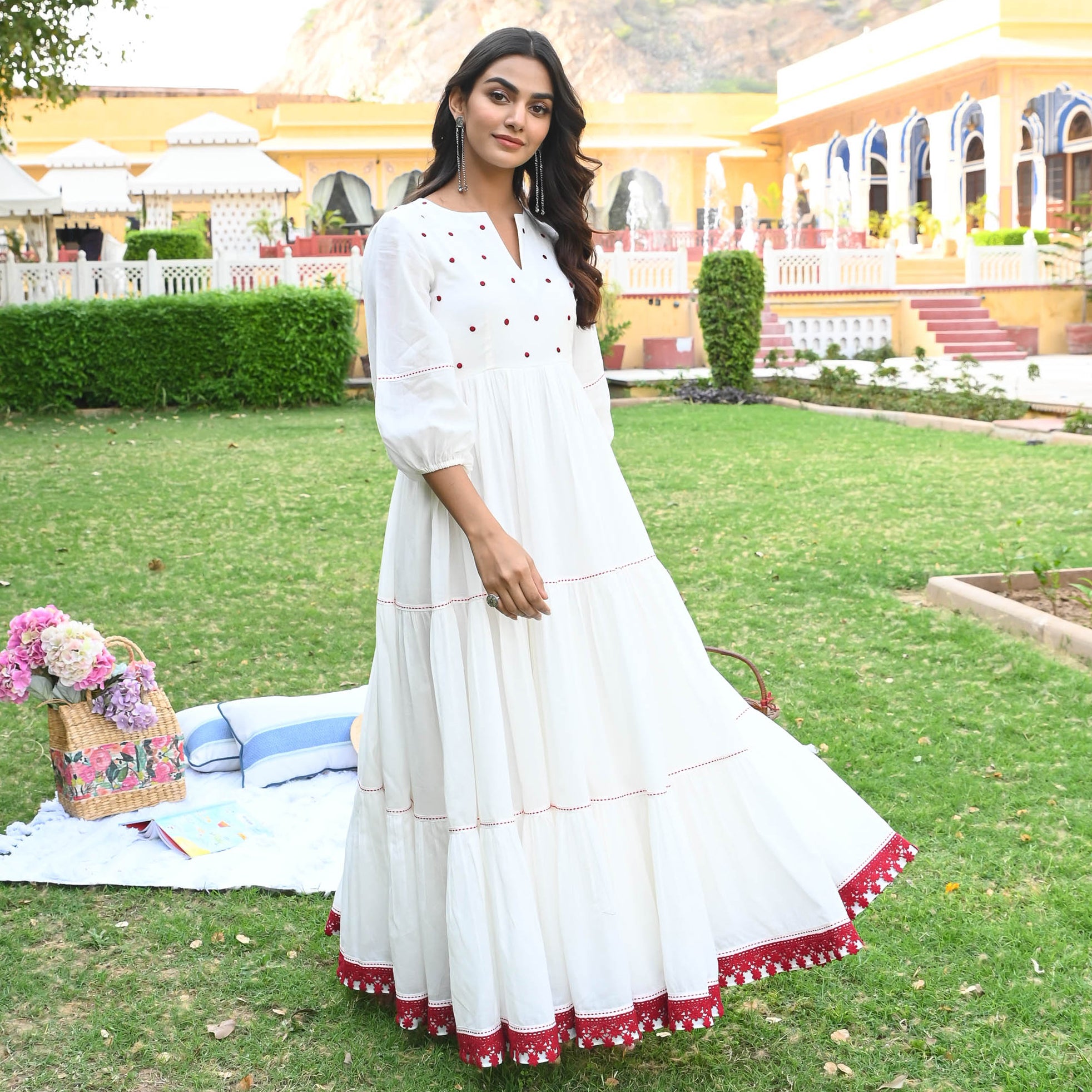 White Cotton Dress with Red Lace work for women online
