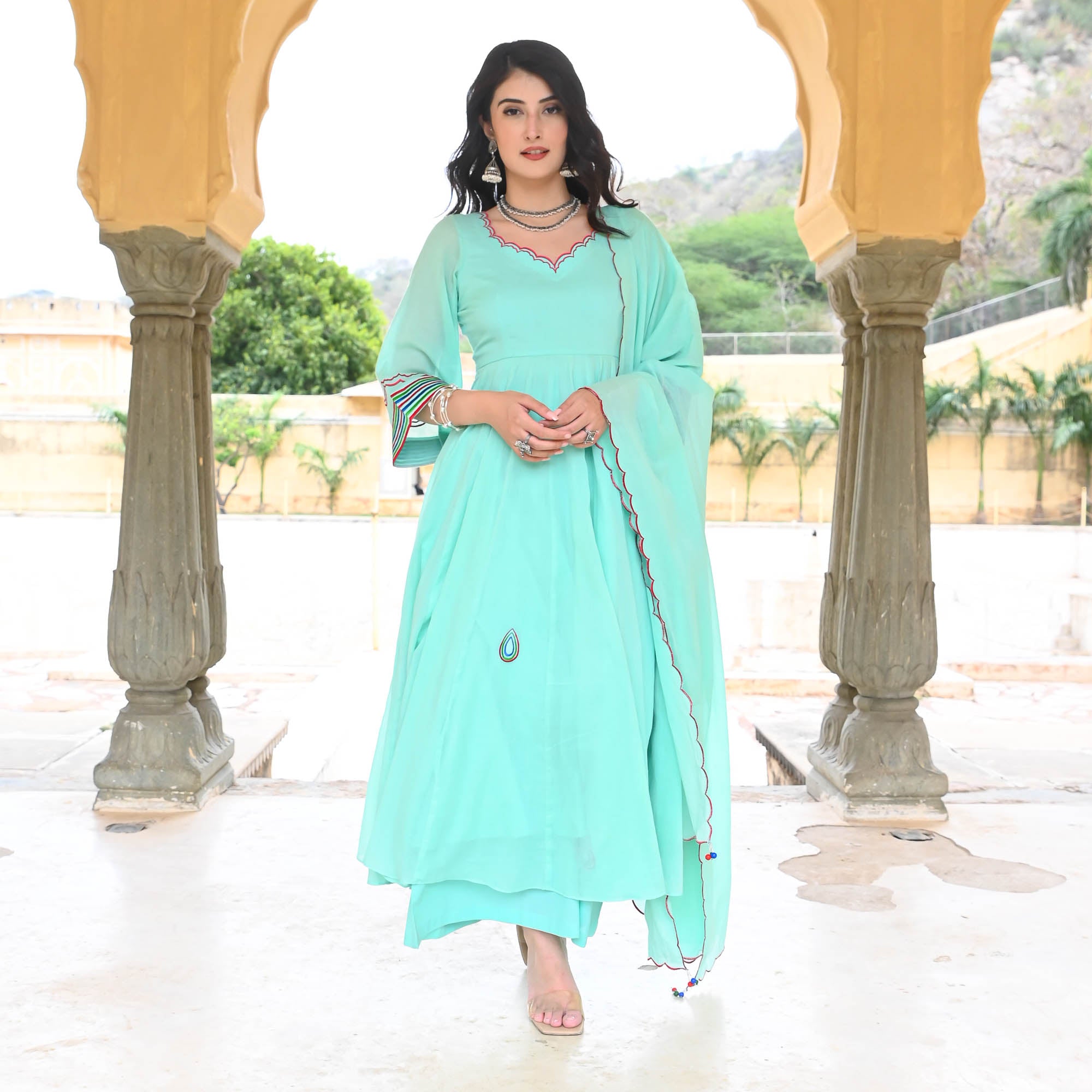 Blue Mulmul Cotton Anarkali Kurta Set for Women Online