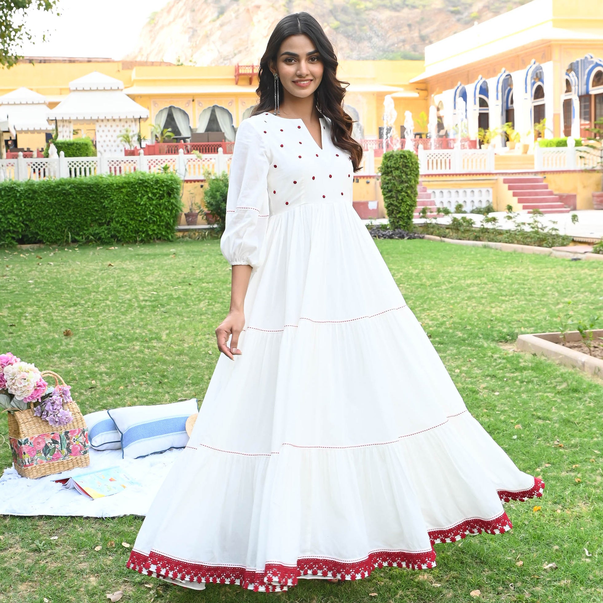 Raving Red Embroidered White Cotton Dress for Women Online