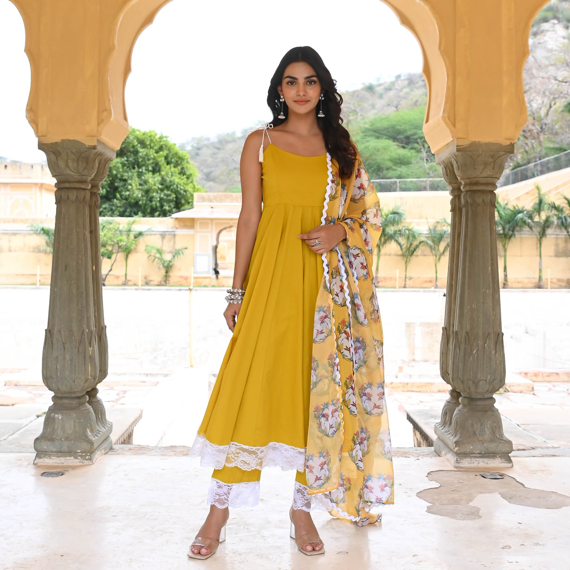 Yellow Digital Print Anarkali Suit Set for Women Online