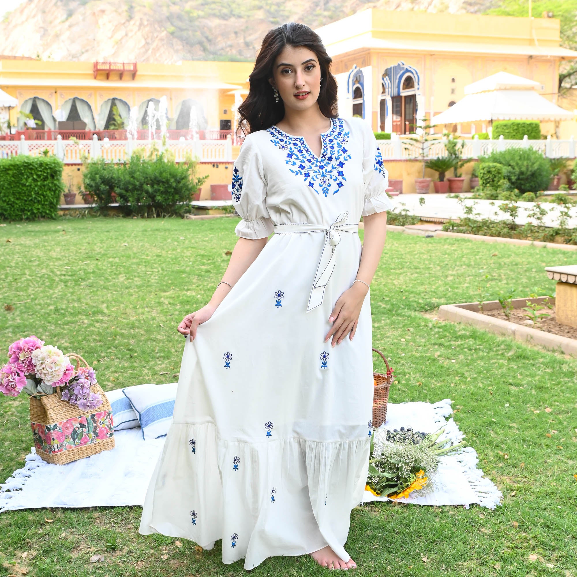 Indigo White  Vneck Embroidered Cotton Dress for Women Online
