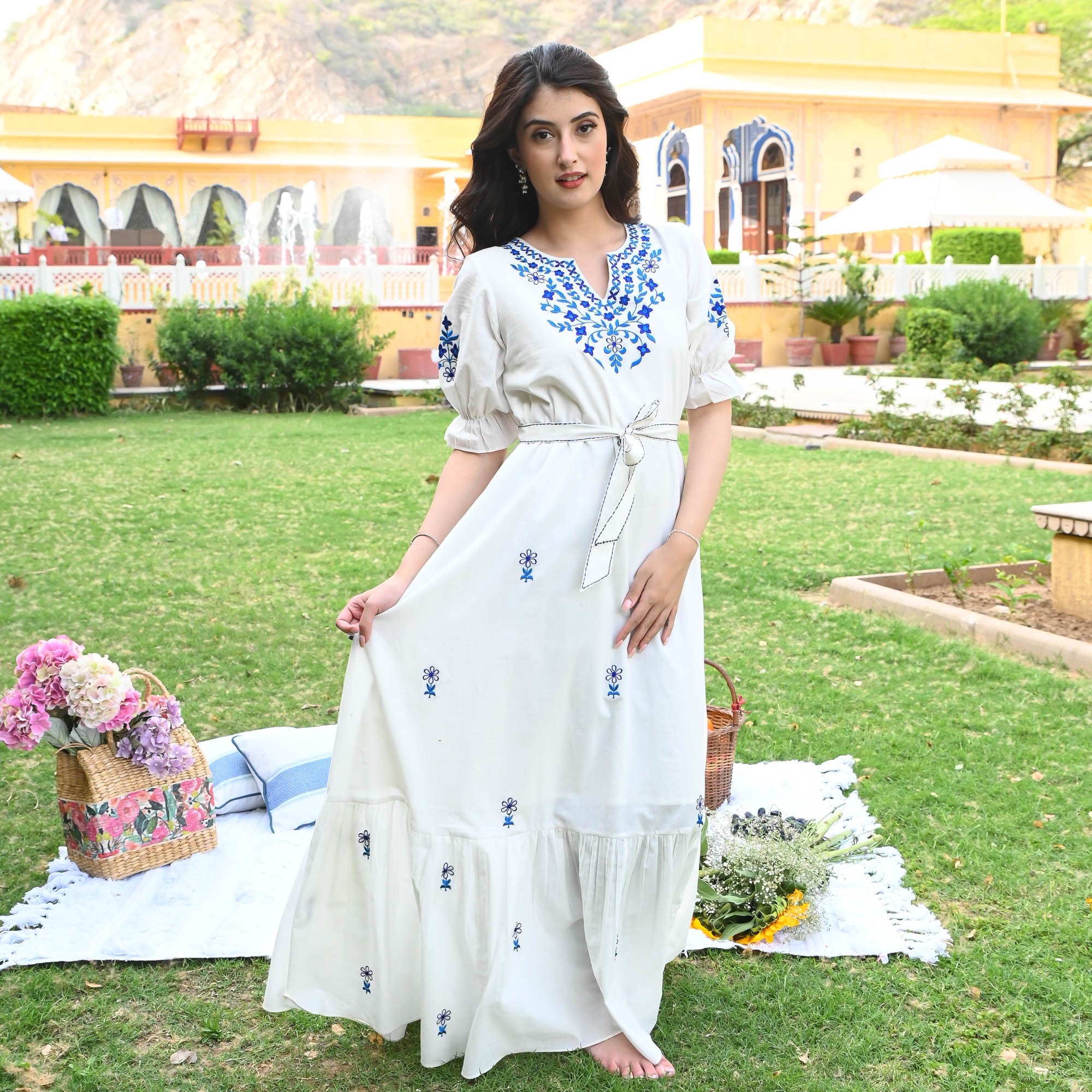 Indigo White Vneck Embroidered Cotton Dress for Women Online UrbanStree Indigo White Vneck Embroidered Cotton Dress for Women Online UrbanStree