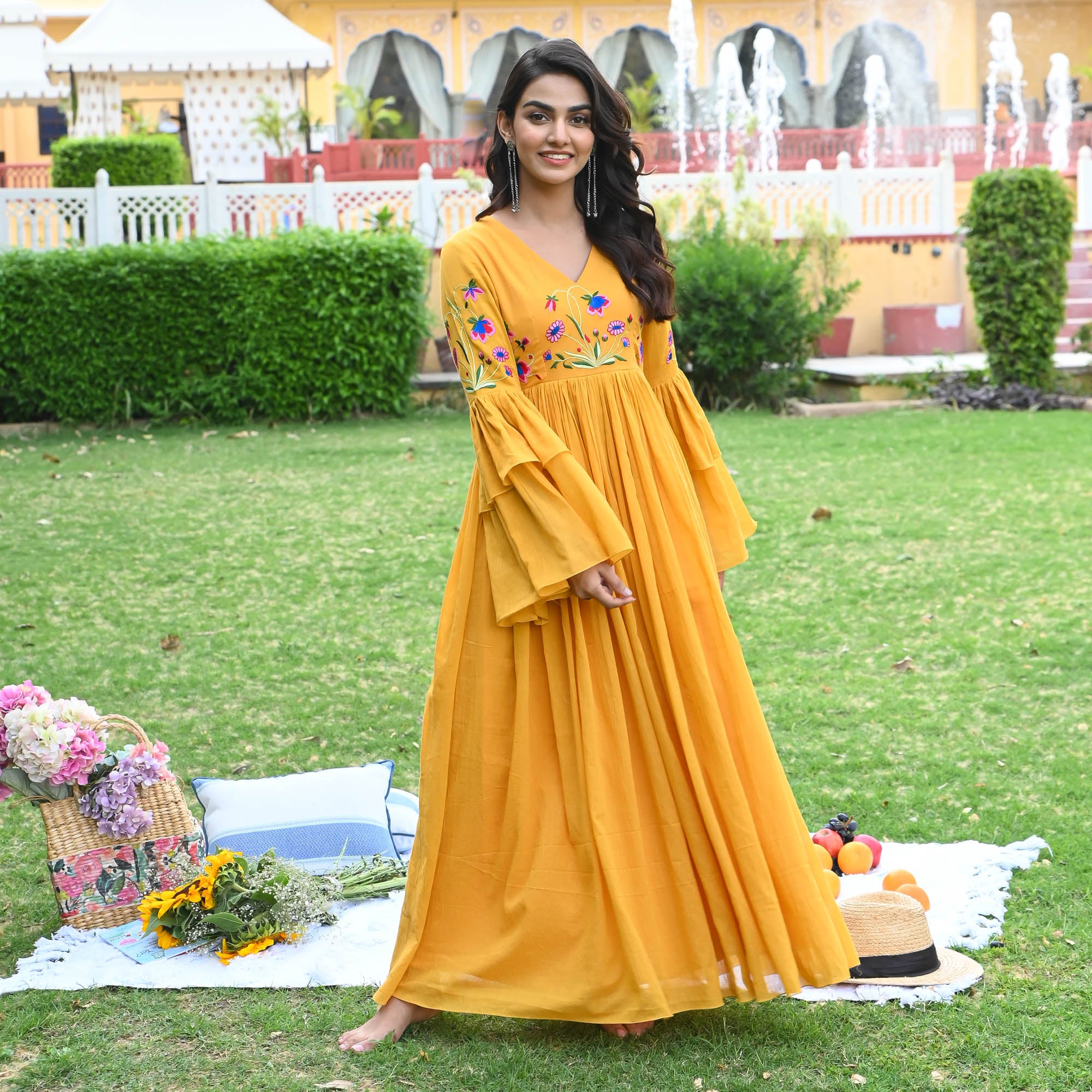 Poppy Yellow V Neck Full Sleeve Embroidered Dress for Women Online