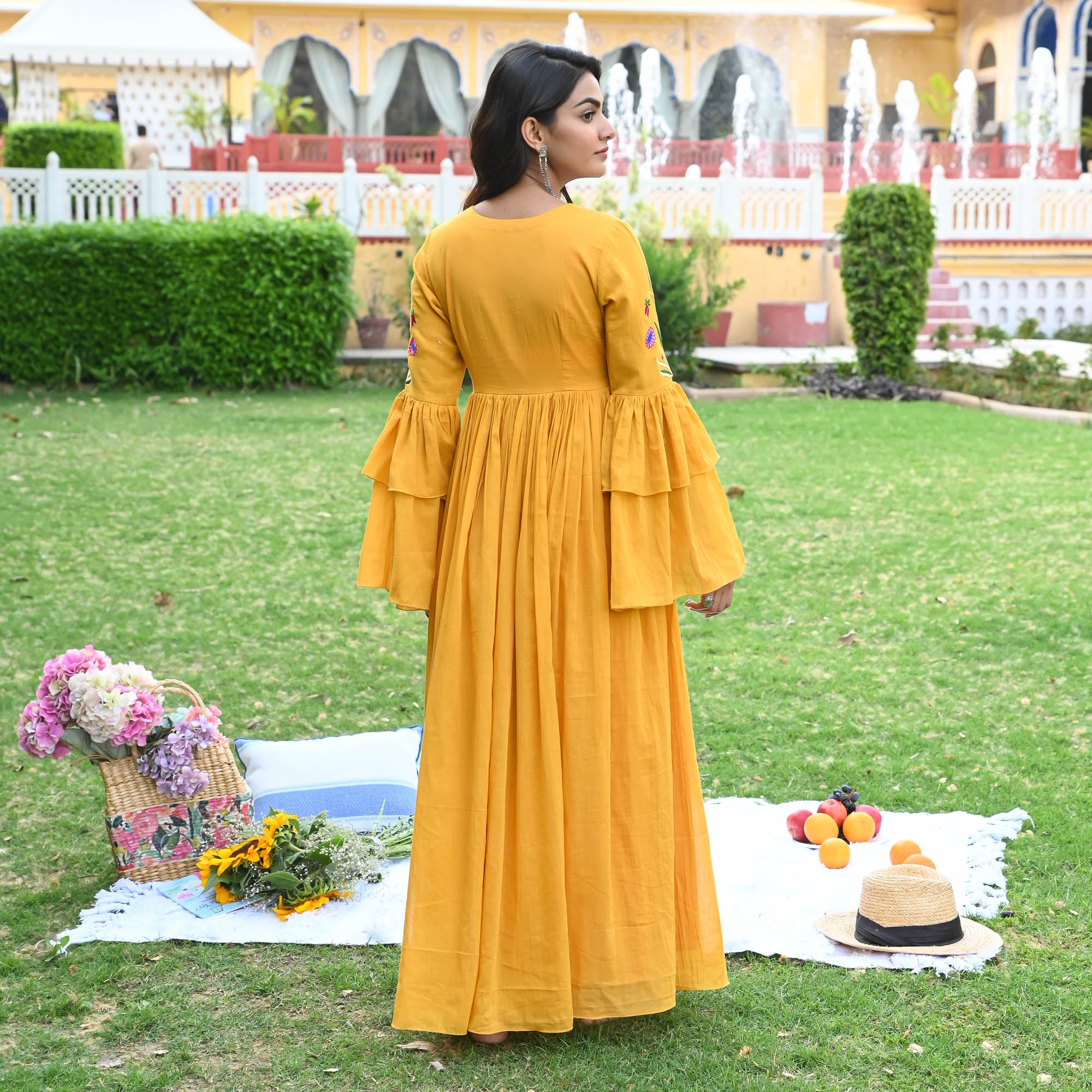 Yellow Mulmul Ruffle Sleeve Dress for women online