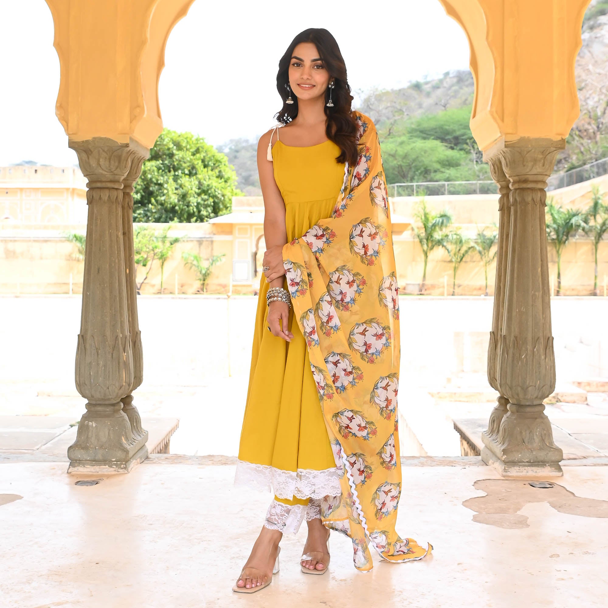 Yellow Digital Print Anarkali Suit Set for Women Online