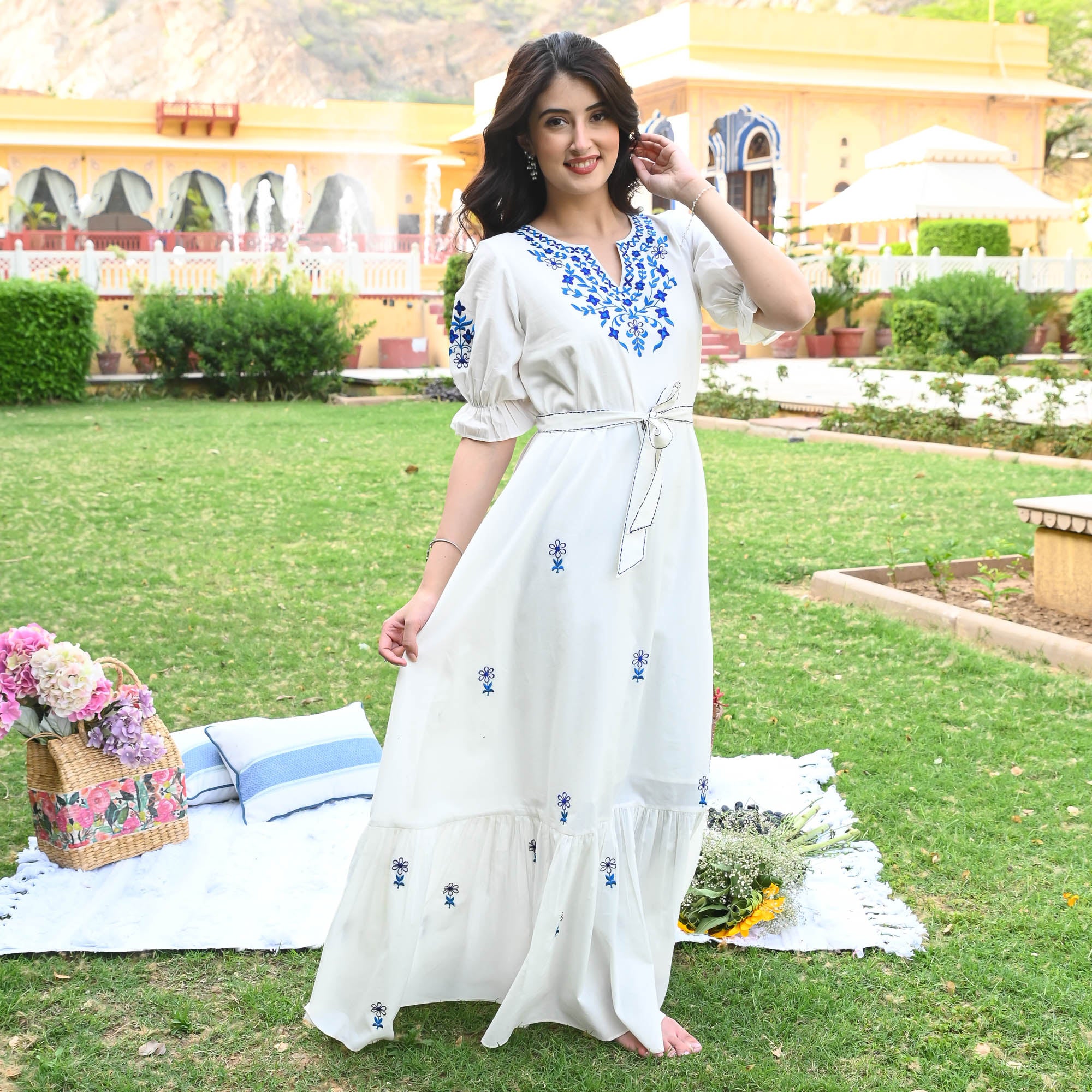 Indigo White Vneck Embroidered Cotton Dress for Women Online UrbanStree Indigo White Vneck Embroidered Cotton Dress for Women Online UrbanStree