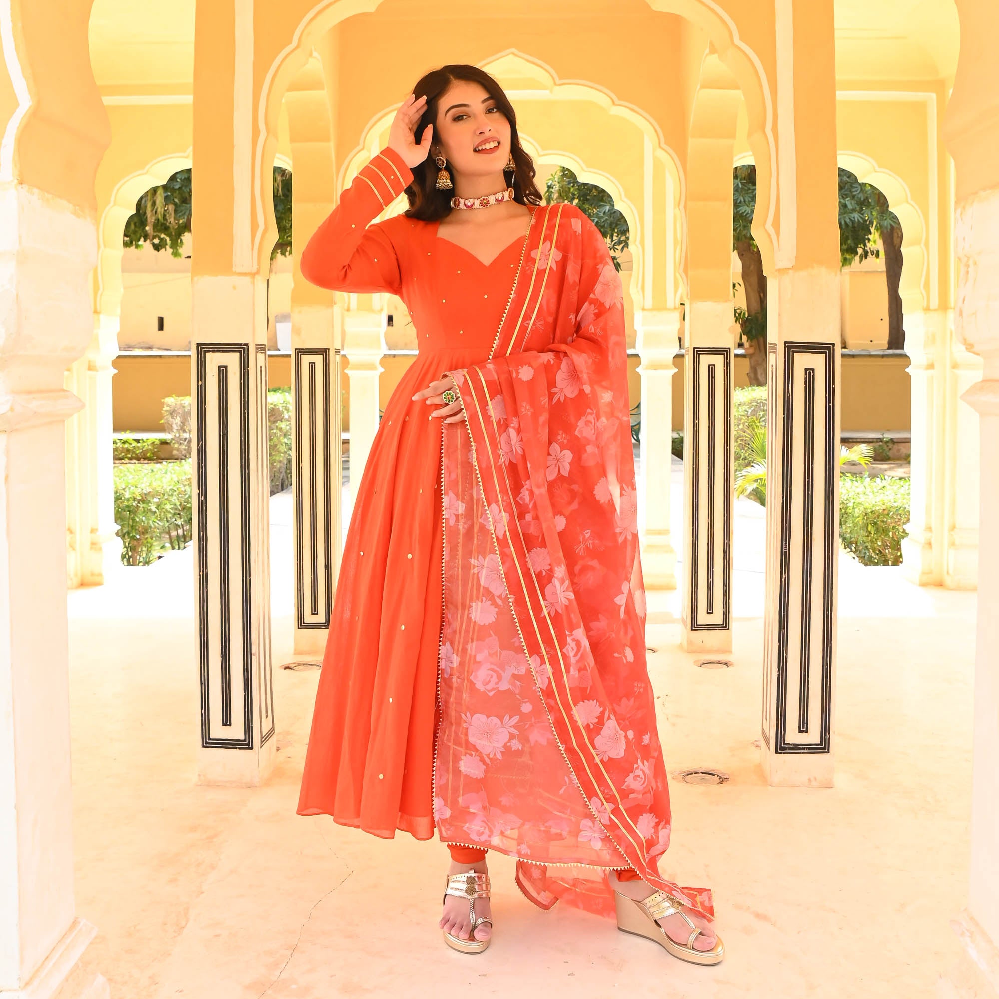 Tulip Designer Orange Readymade Anarkali Suit Set for Women Online