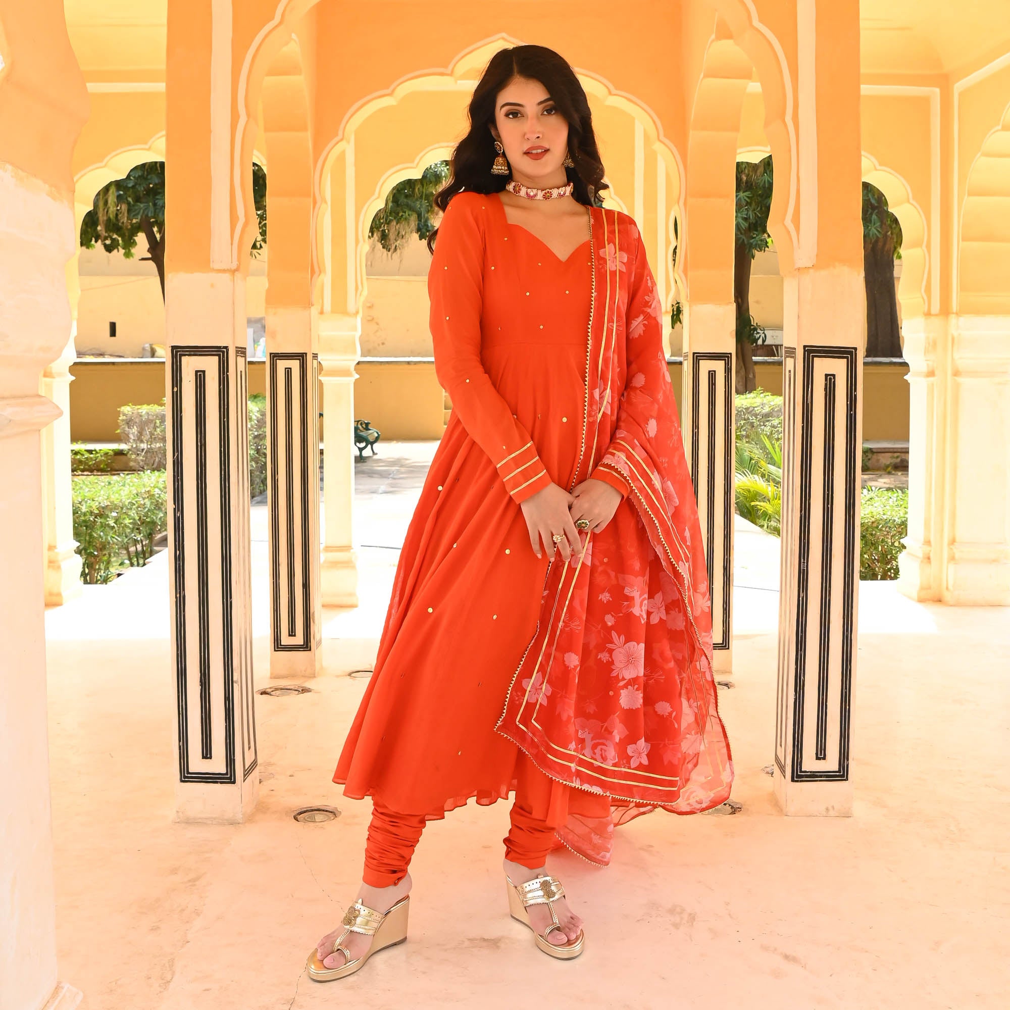 Orange Anarkali Suit Set for Women Online