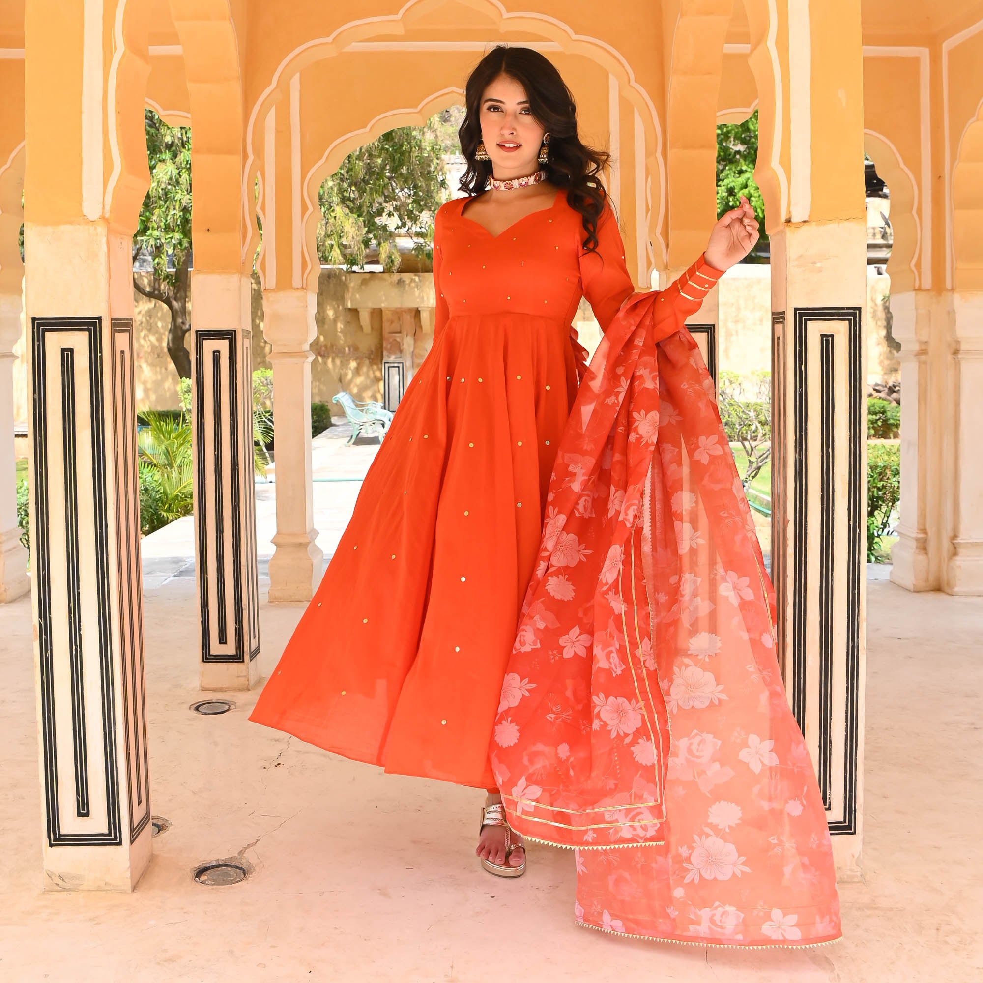 Orange Anarkali Suit Set for Women Online