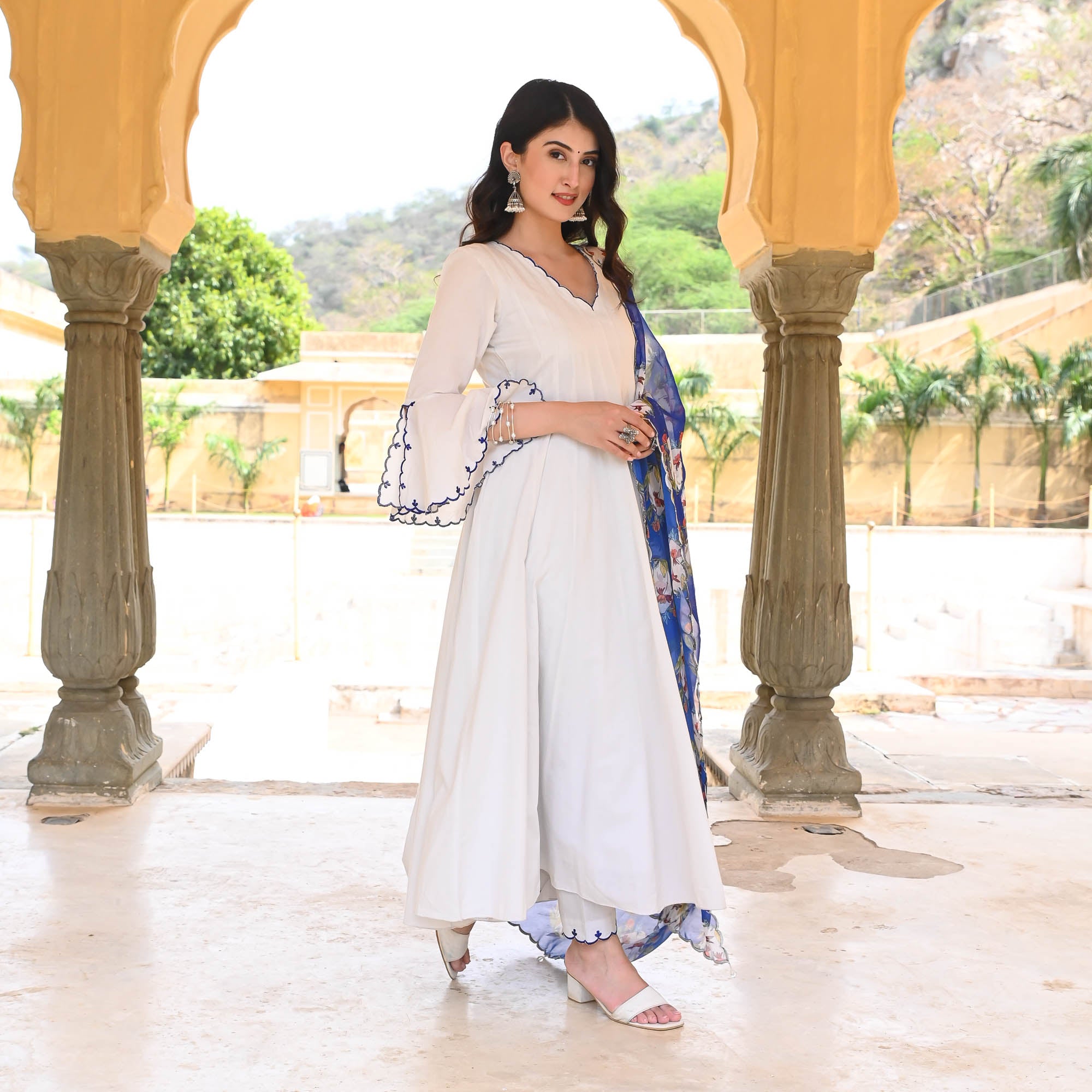 White Anarkali Suit Set with Digital Printed Dupatta