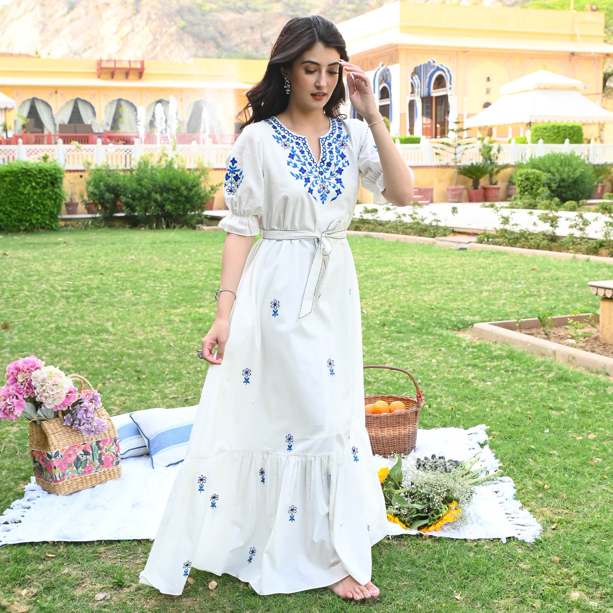 Indigo White Vneck Embroidered Cotton Dress for Women Online UrbanStree Indigo White Vneck Embroidered Cotton Dress for Women Online UrbanStree