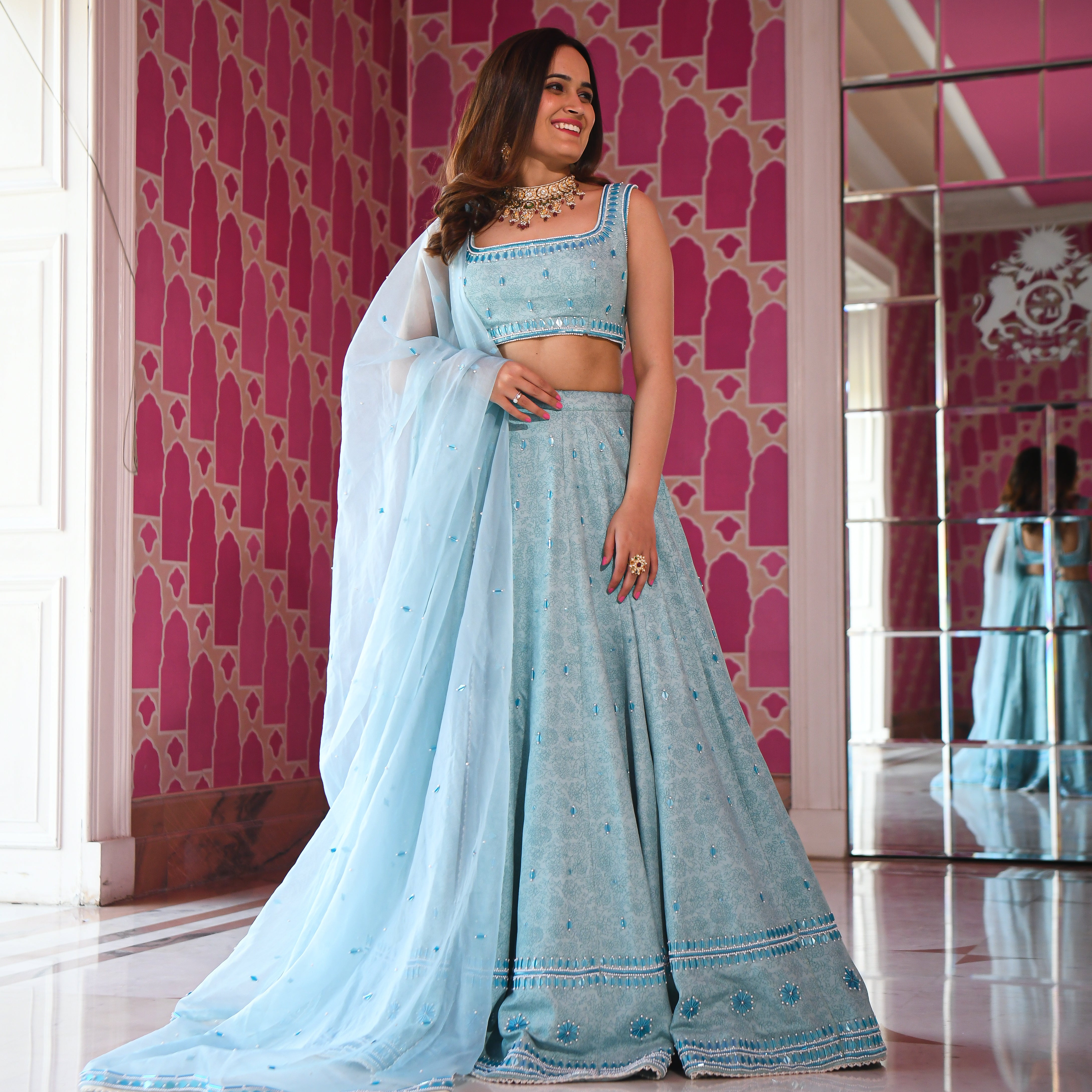 Buy Indian Bridal Lehenga Choli | Designer Wedding Lehengas Online UK:  Peach, Red and Cyan