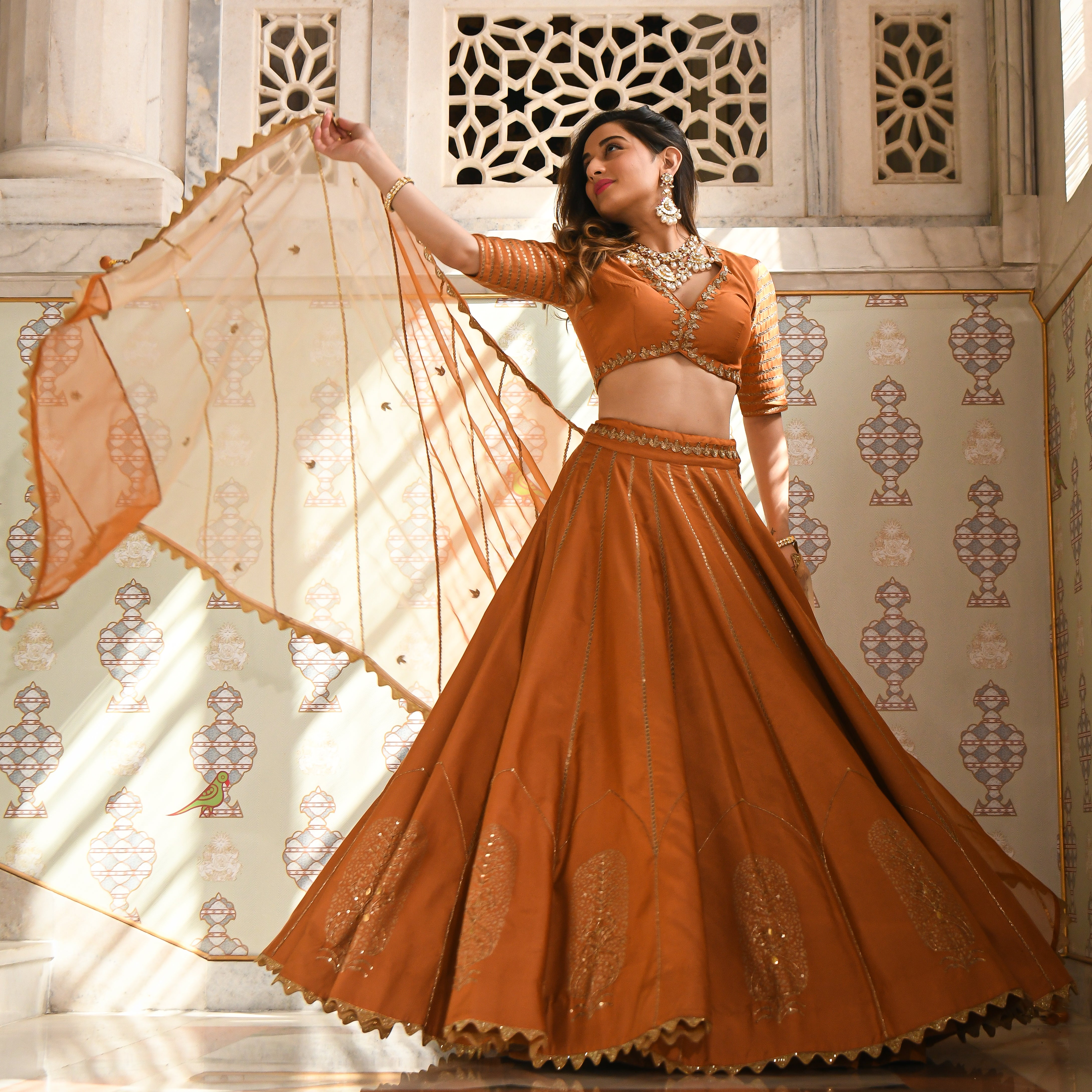 Mehar Orange Cotton Silk Designer Lehenga Set For Women Online