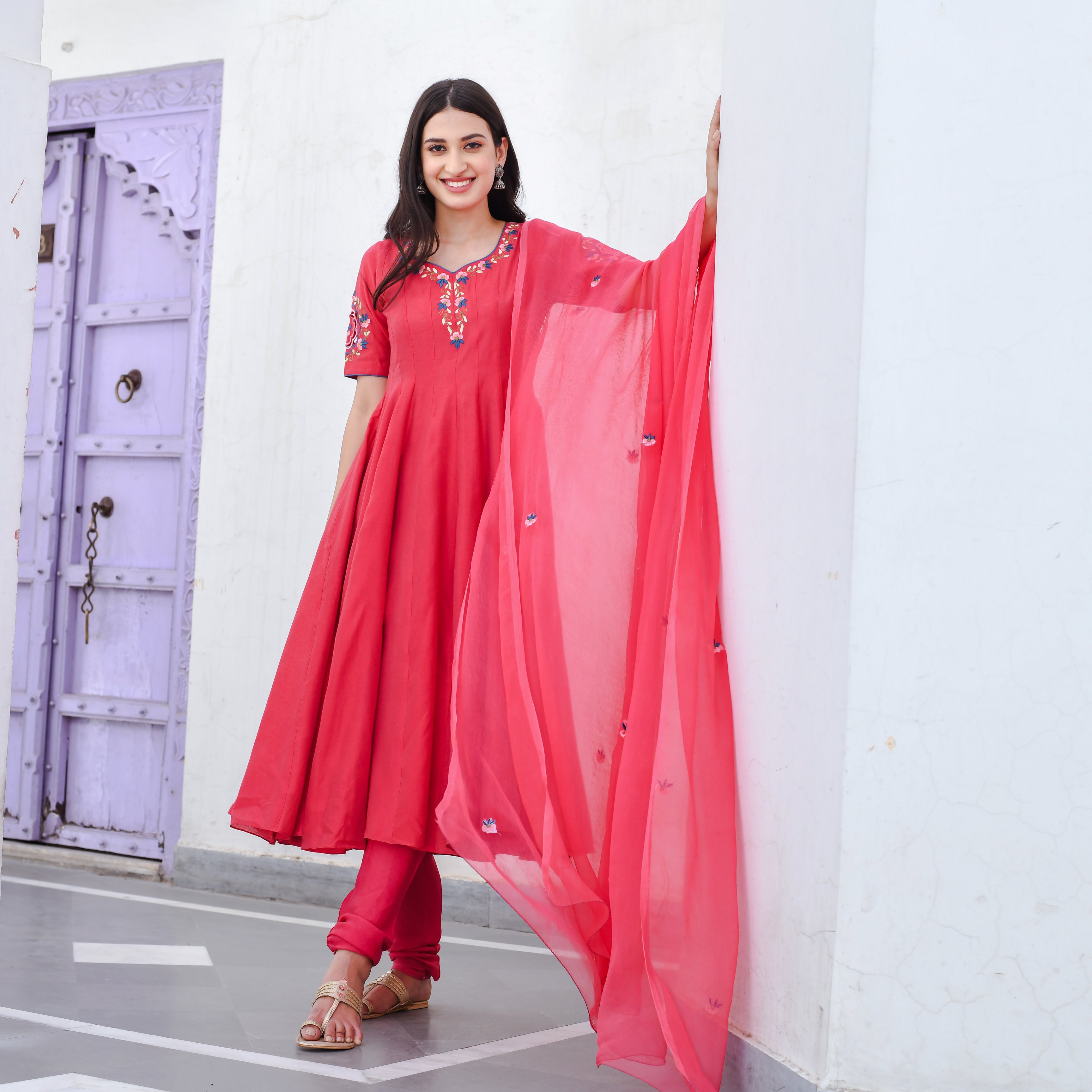 Aadhira Red Cotton Anarkali Suit Set For Women Online