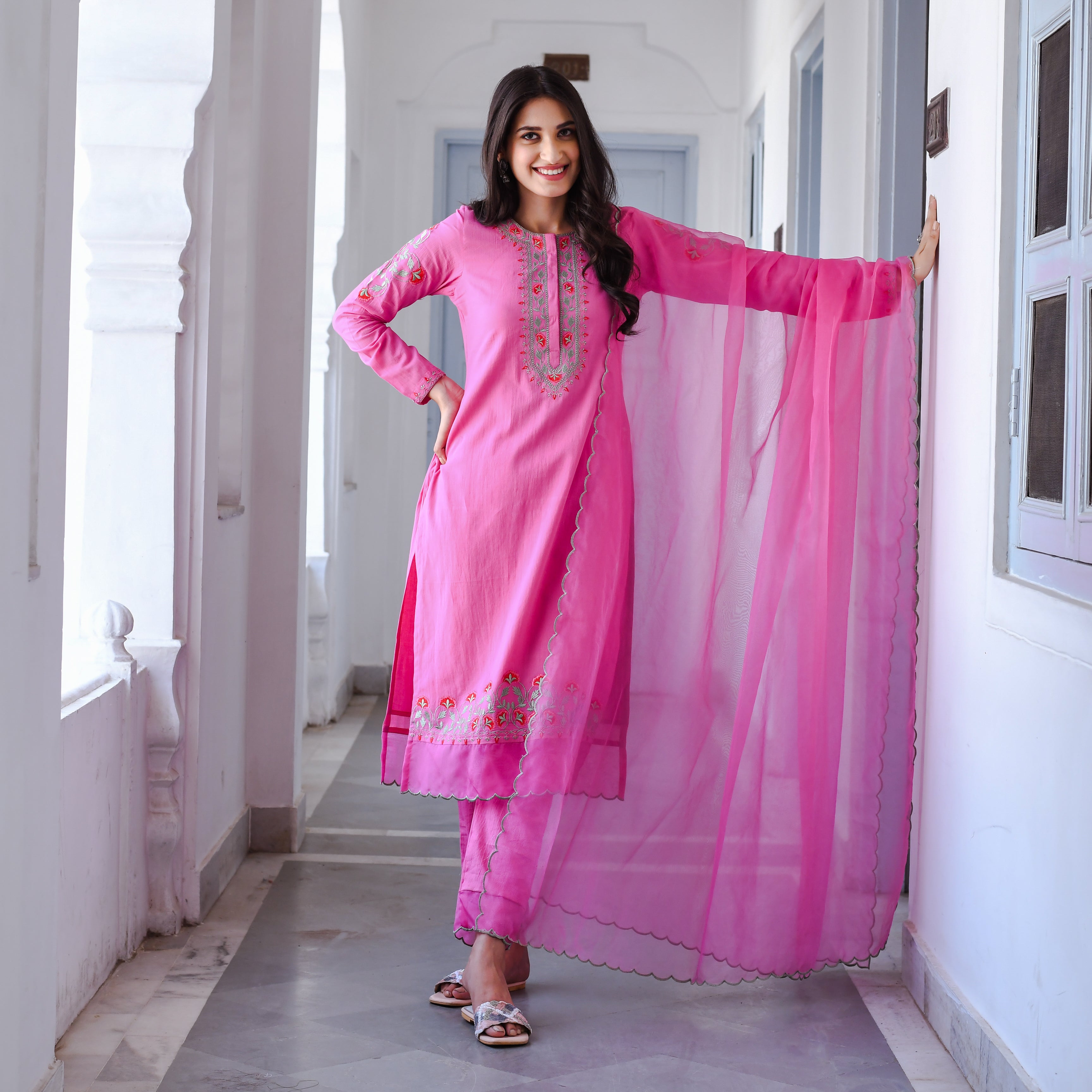 Buy Faux Georgette Fabric Stylish Salwar Kameez in Pink Color