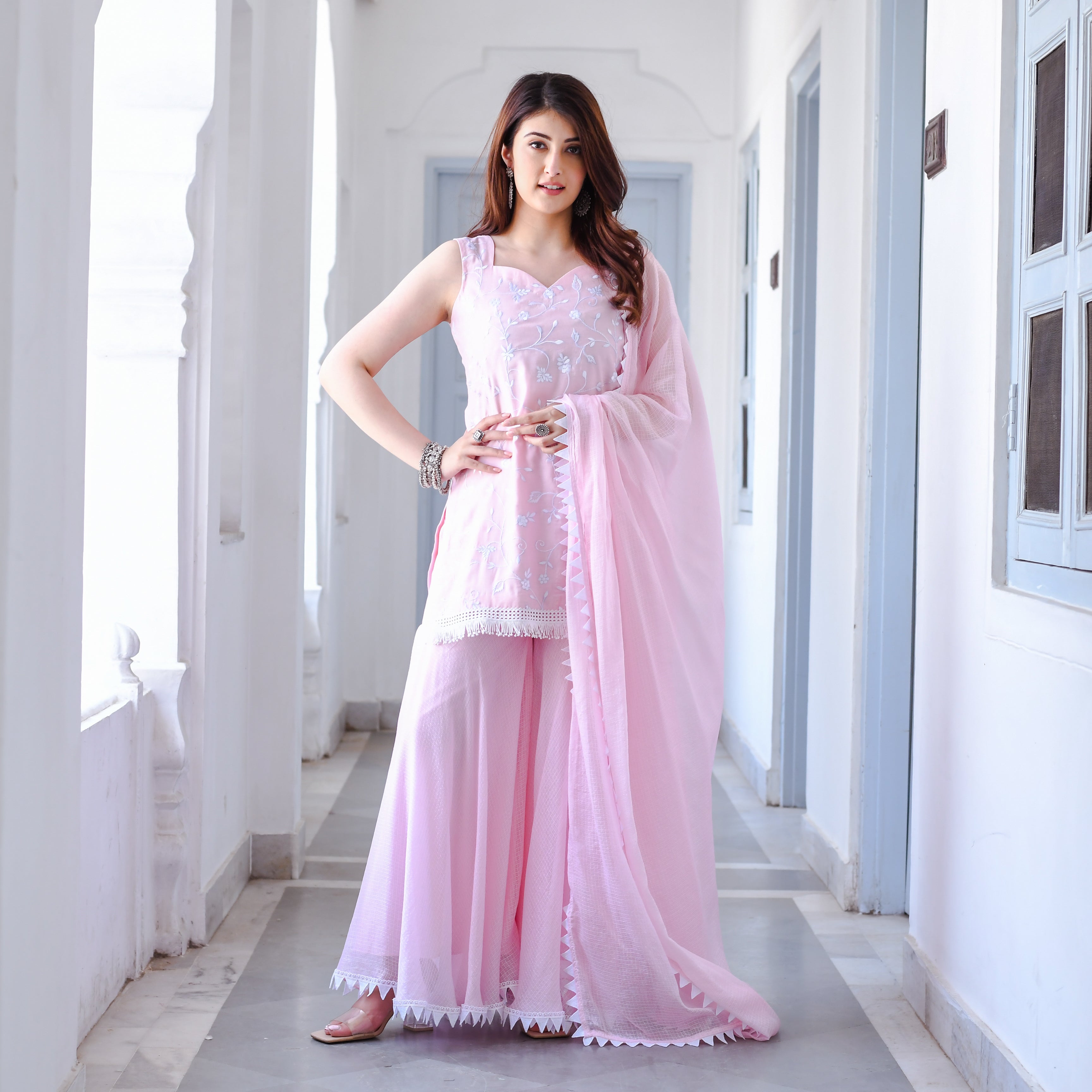 Buy Kids Girls Pink Printed Embroidered Sharara Suit Online at Best Price |  Cbazaar