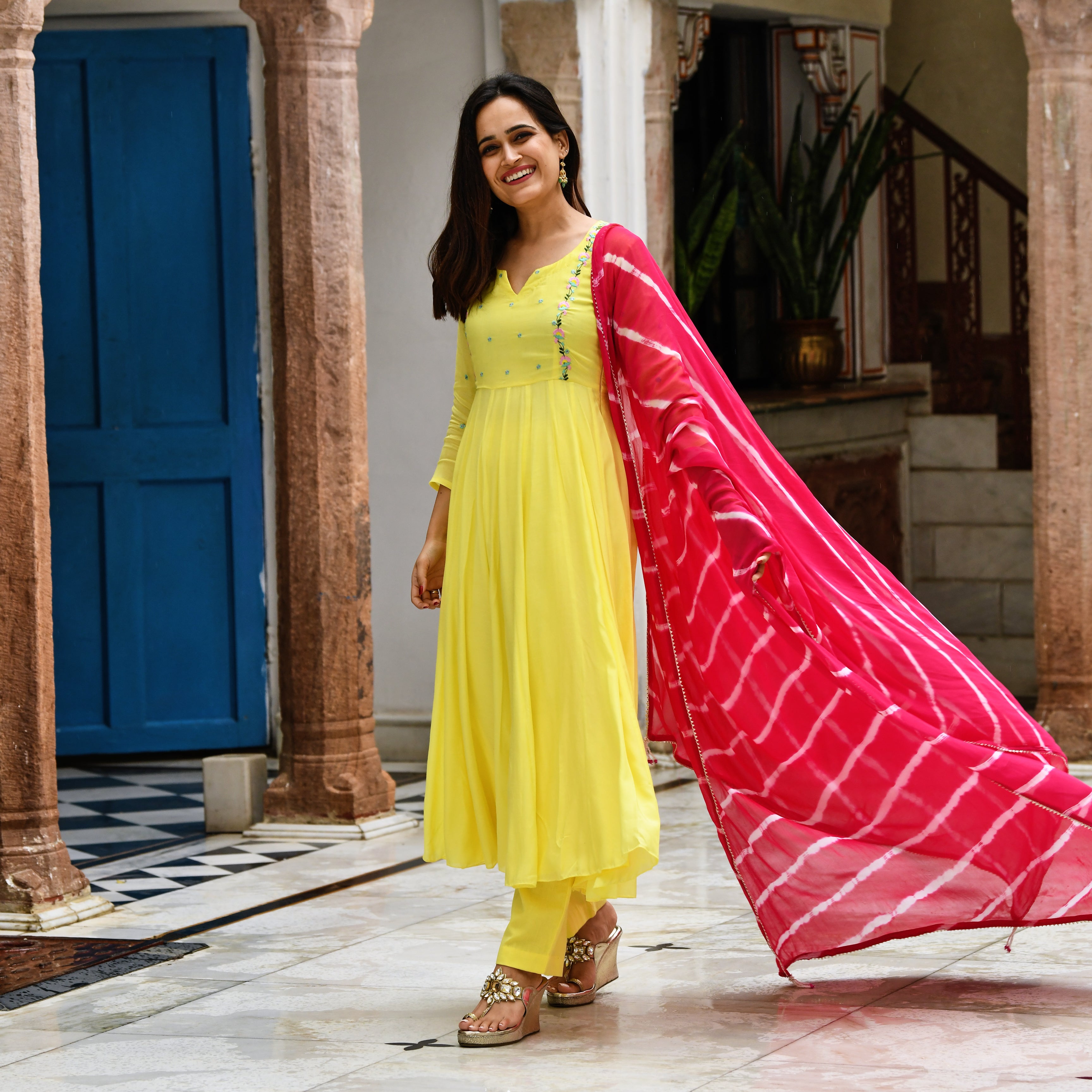 Yellow Anarkali Suit Set with Leheriya Dupatta for Women Online