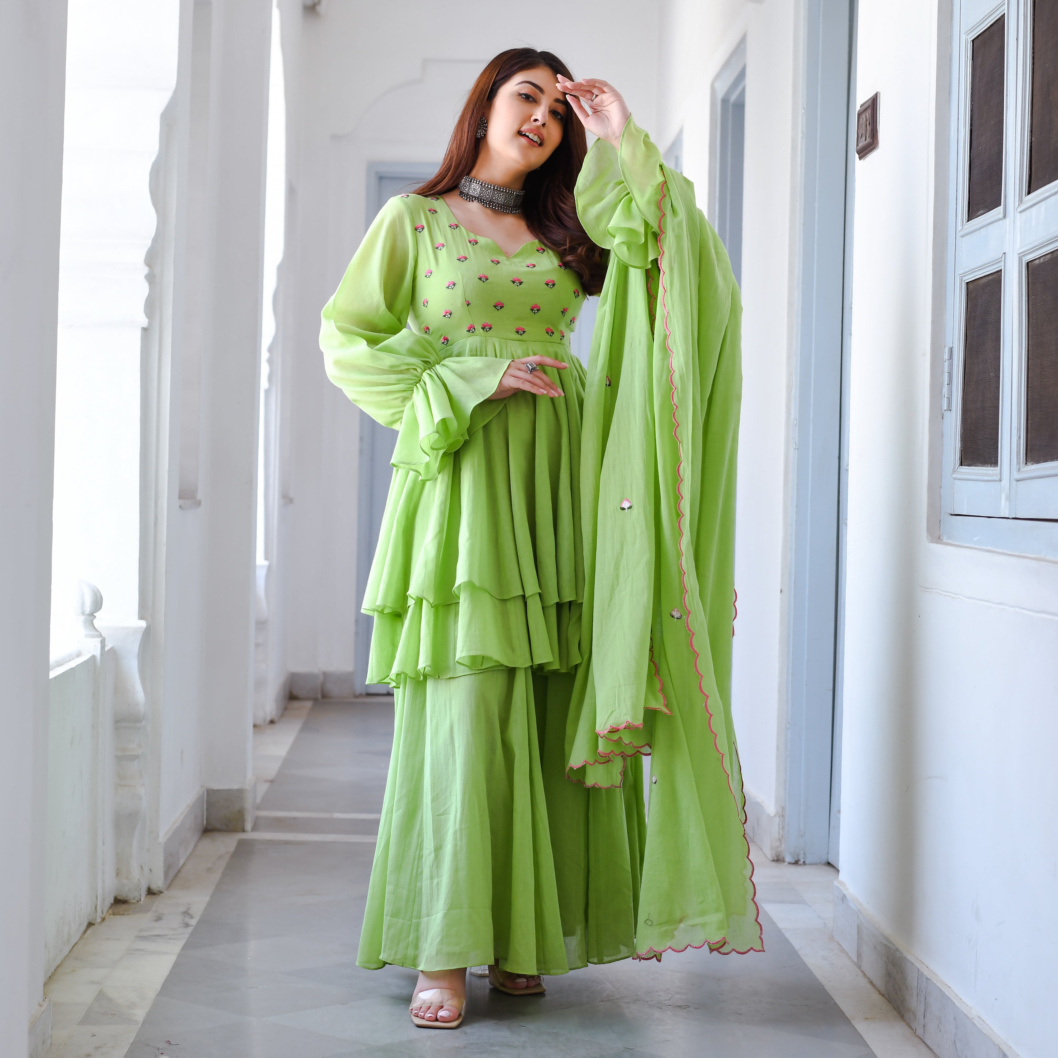 Buy Rhysley Light Green Cotton Stitched Ethnic Printed 3/4 Sleeve Calf  Length Round Neck Casual Festive Anarkali Kurti at Amazon.in
