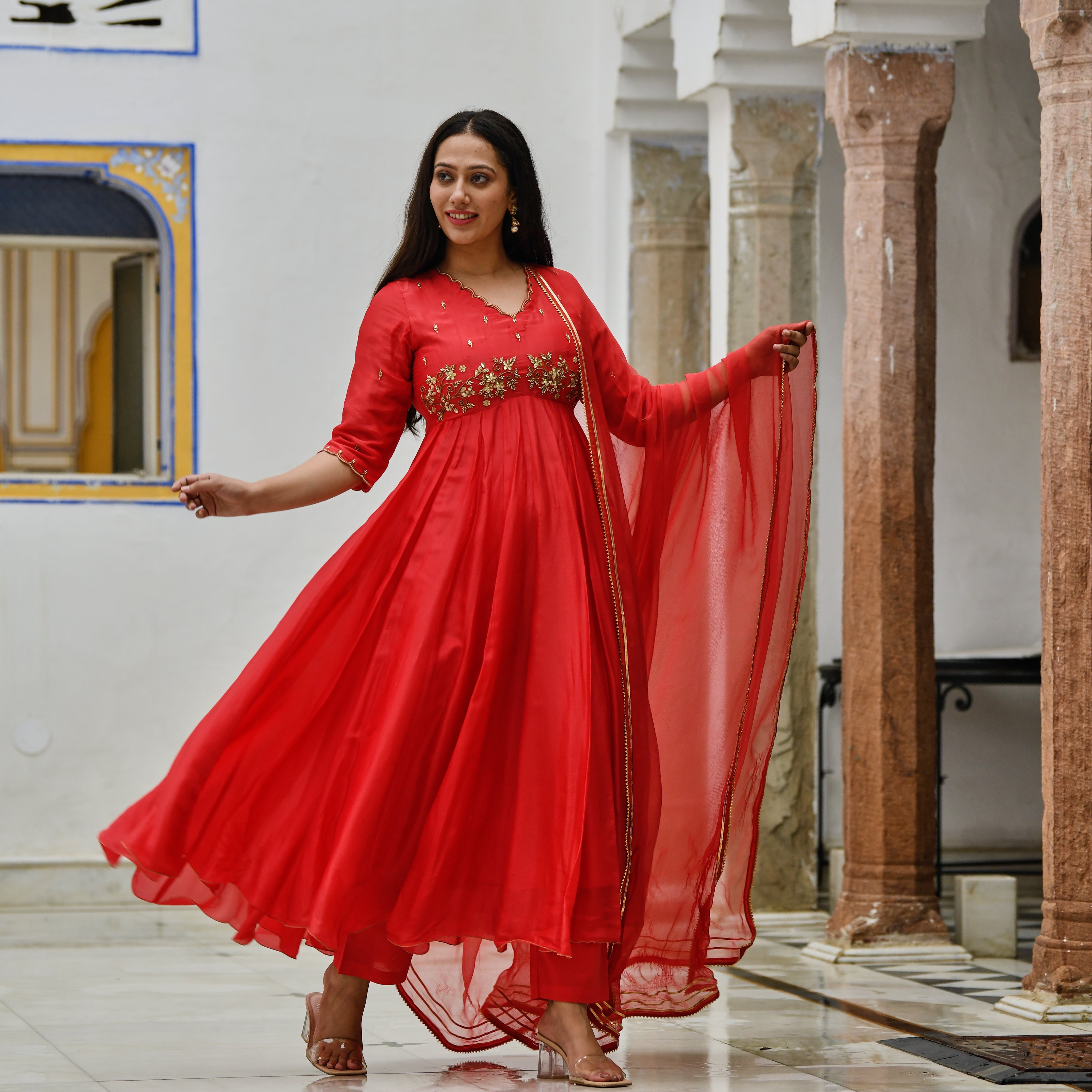 Heavy Embroidered Silk Anarkali Gown With Dupatta In Peach – Gunj Fashion
