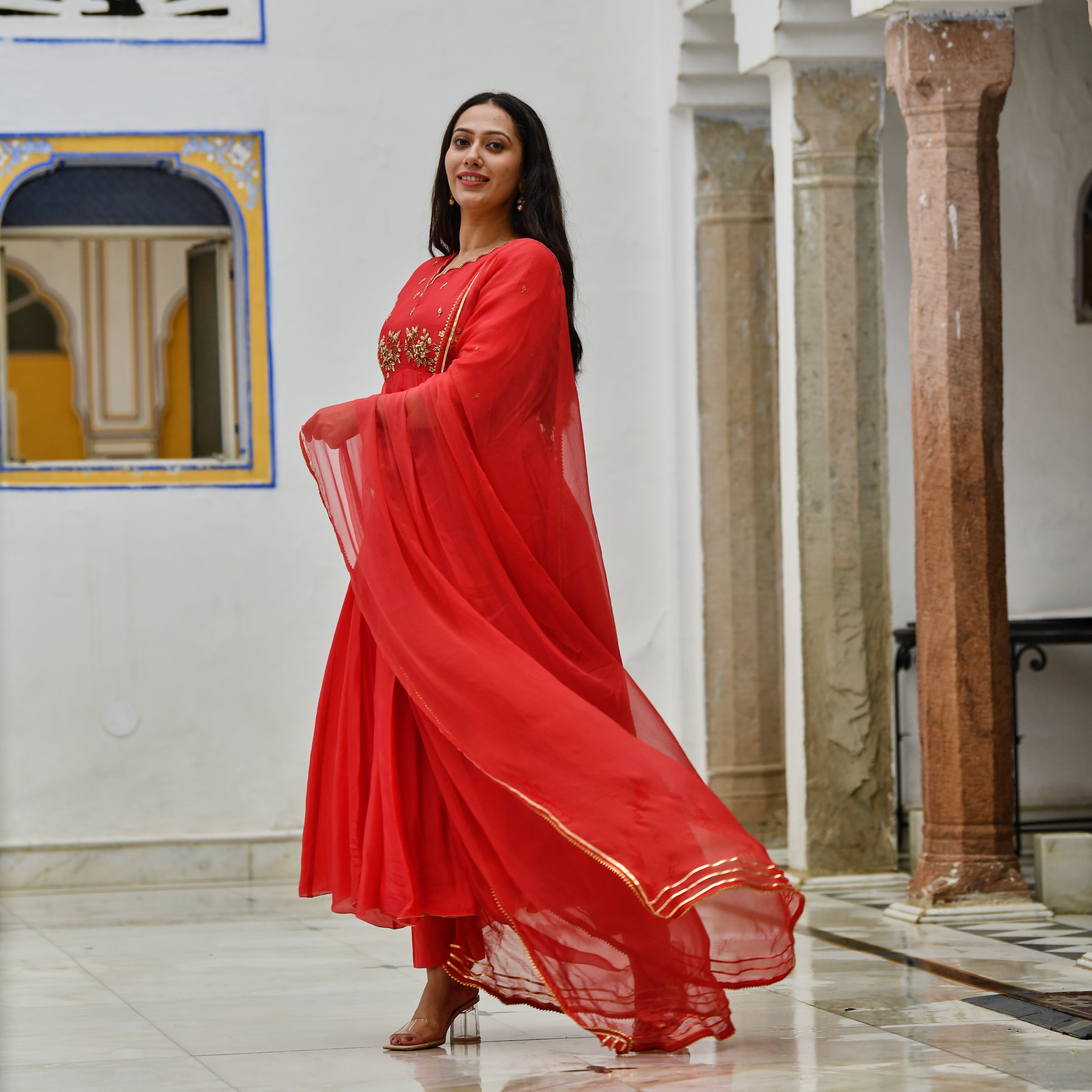 Shabana Red Cotton Designer Anarkali Suit Set for Women Online